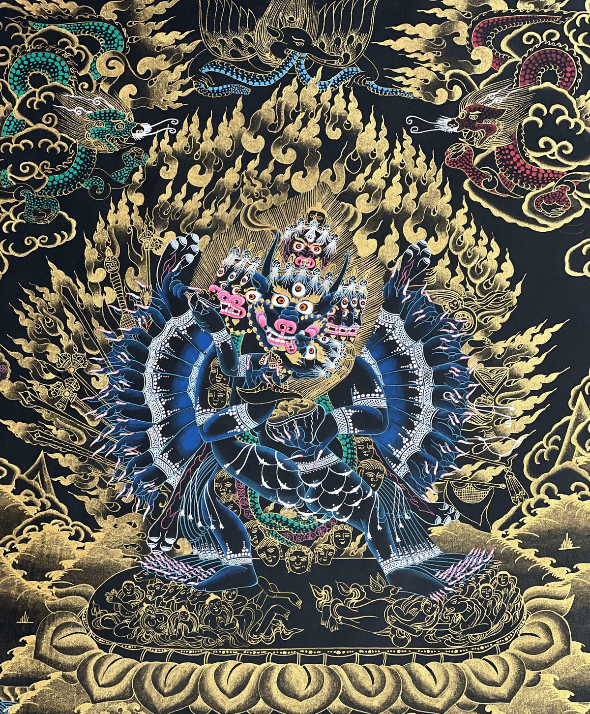 Hand-Painted Yamantaka Thangka | Tibetan Buddhist Protector Art | Silk Brocade