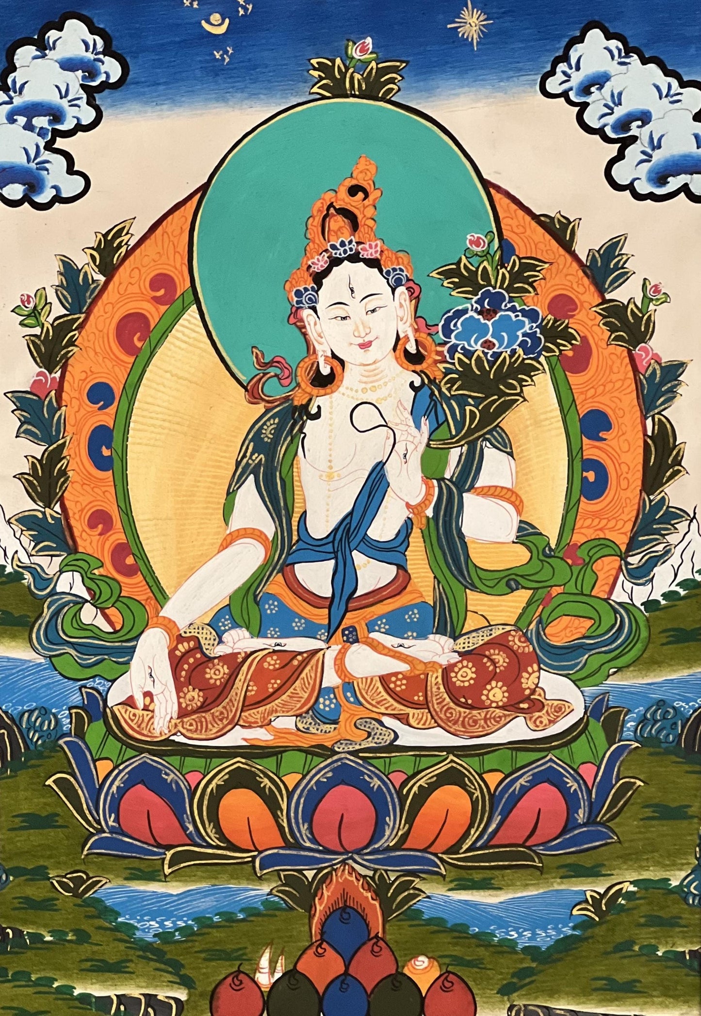 Hand-Painted White Tara Thangka Painting, Silk Brocade Framed, Buddhist Art