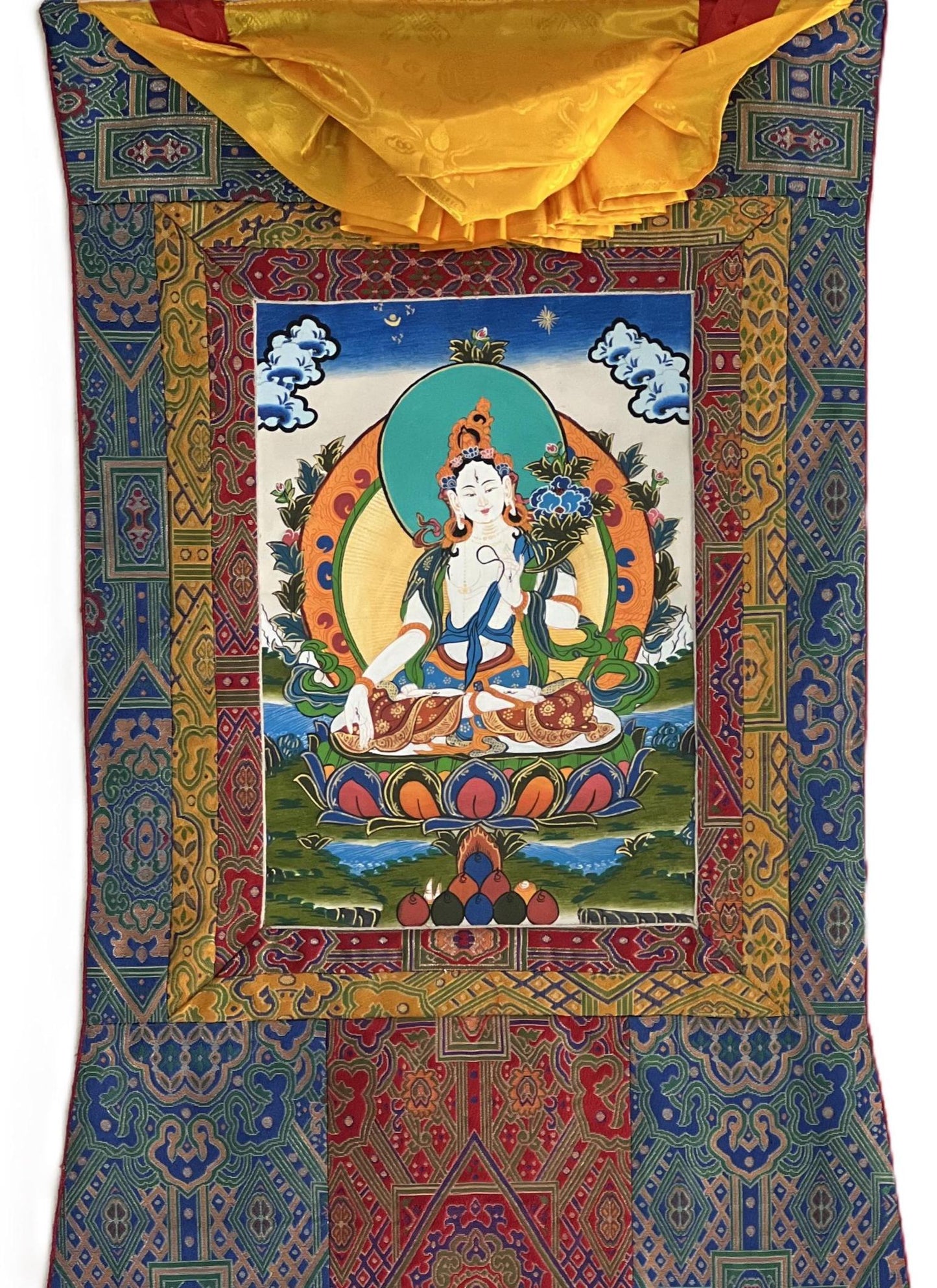 Hand-Painted White Tara Thangka Painting, Silk Brocade Framed, Buddhist Art