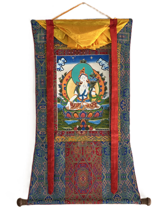Hand-Painted White Tara Thangka Painting, Silk Brocade Framed, Buddhist Art
