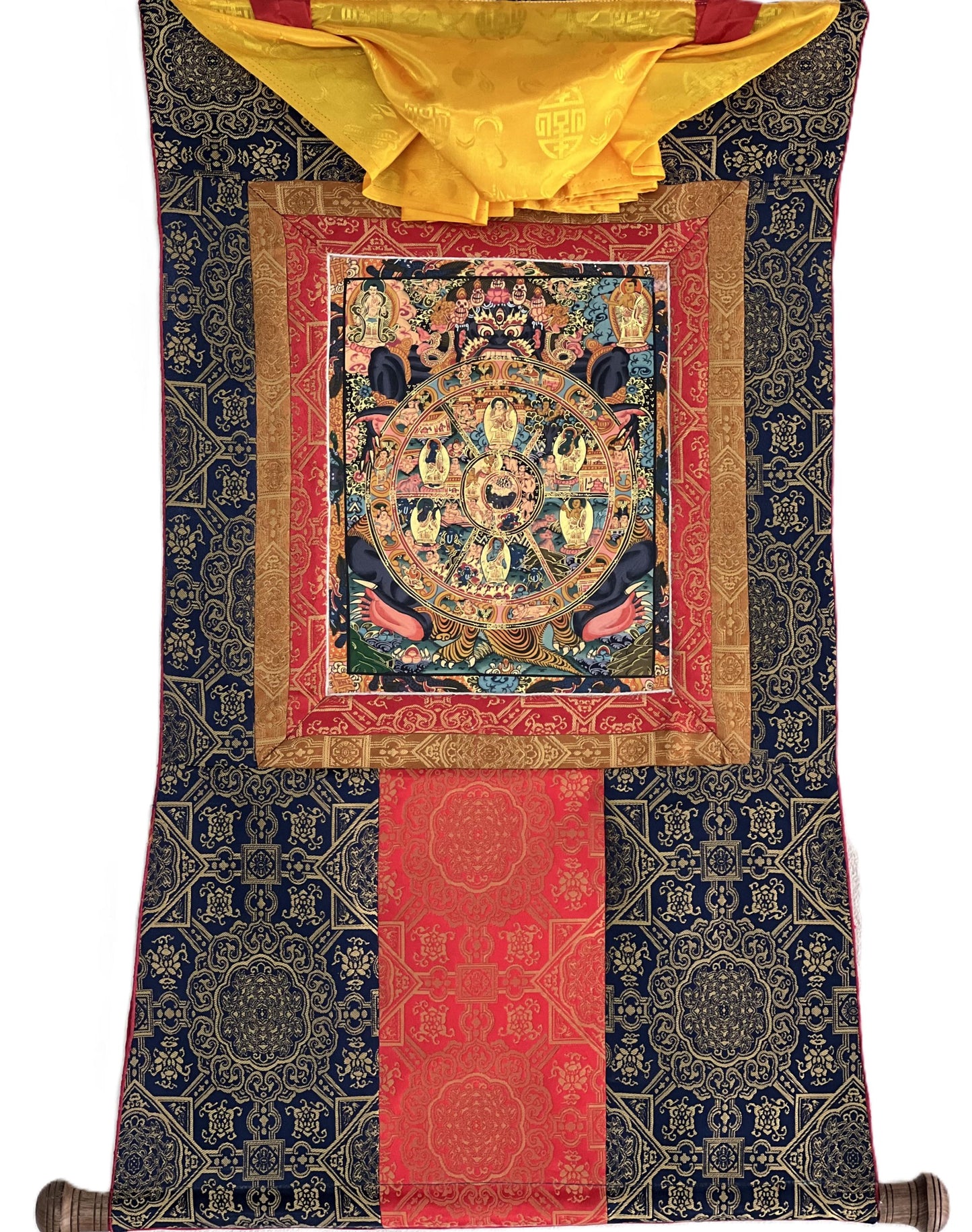 Hand-Painted Wheel of Life Mandala Thangka | Tibetan Buddhist Art with Silk Brocade