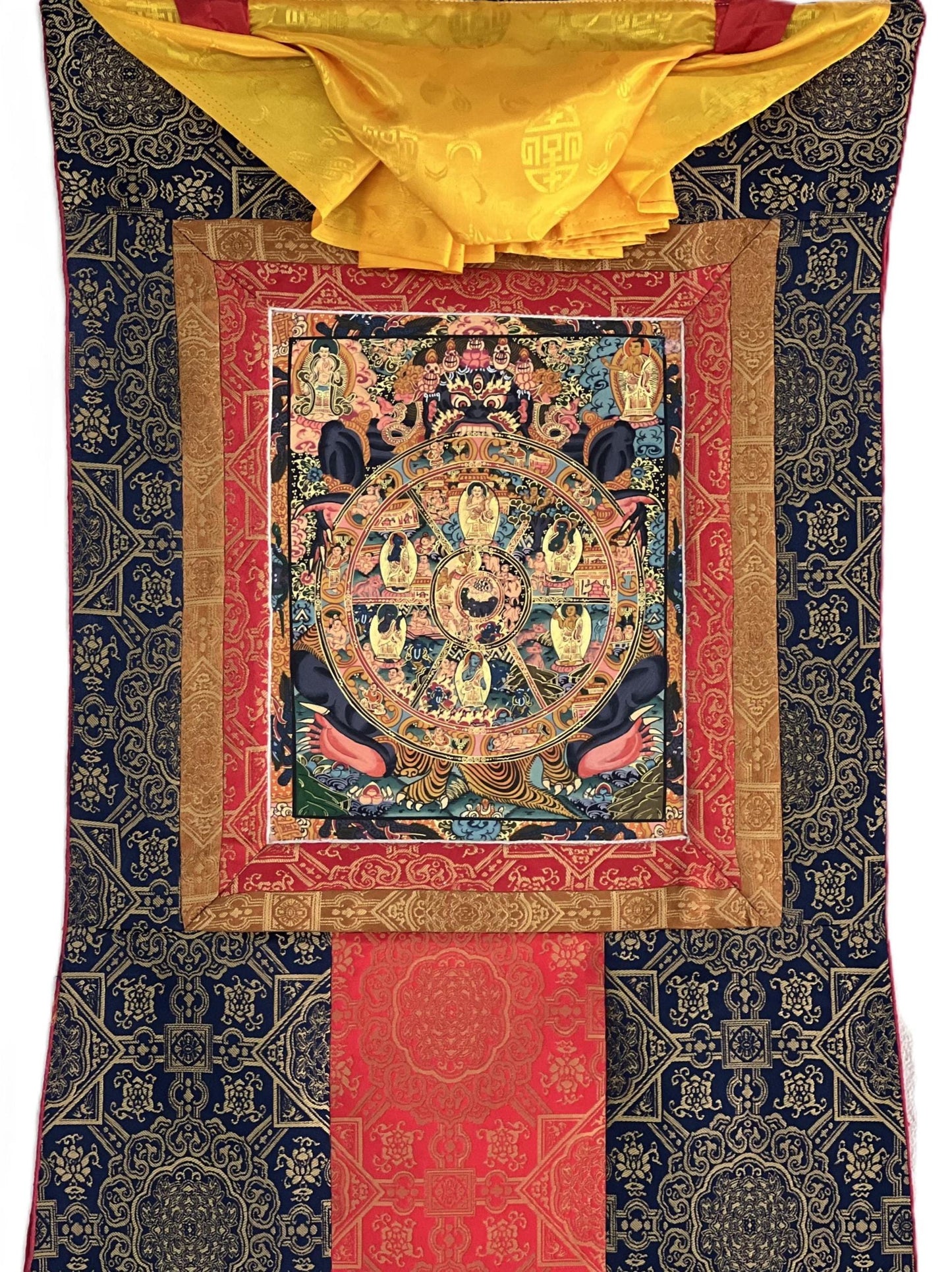 Hand-Painted Wheel of Life Mandala Thangka | Tibetan Buddhist Art with Silk Brocade