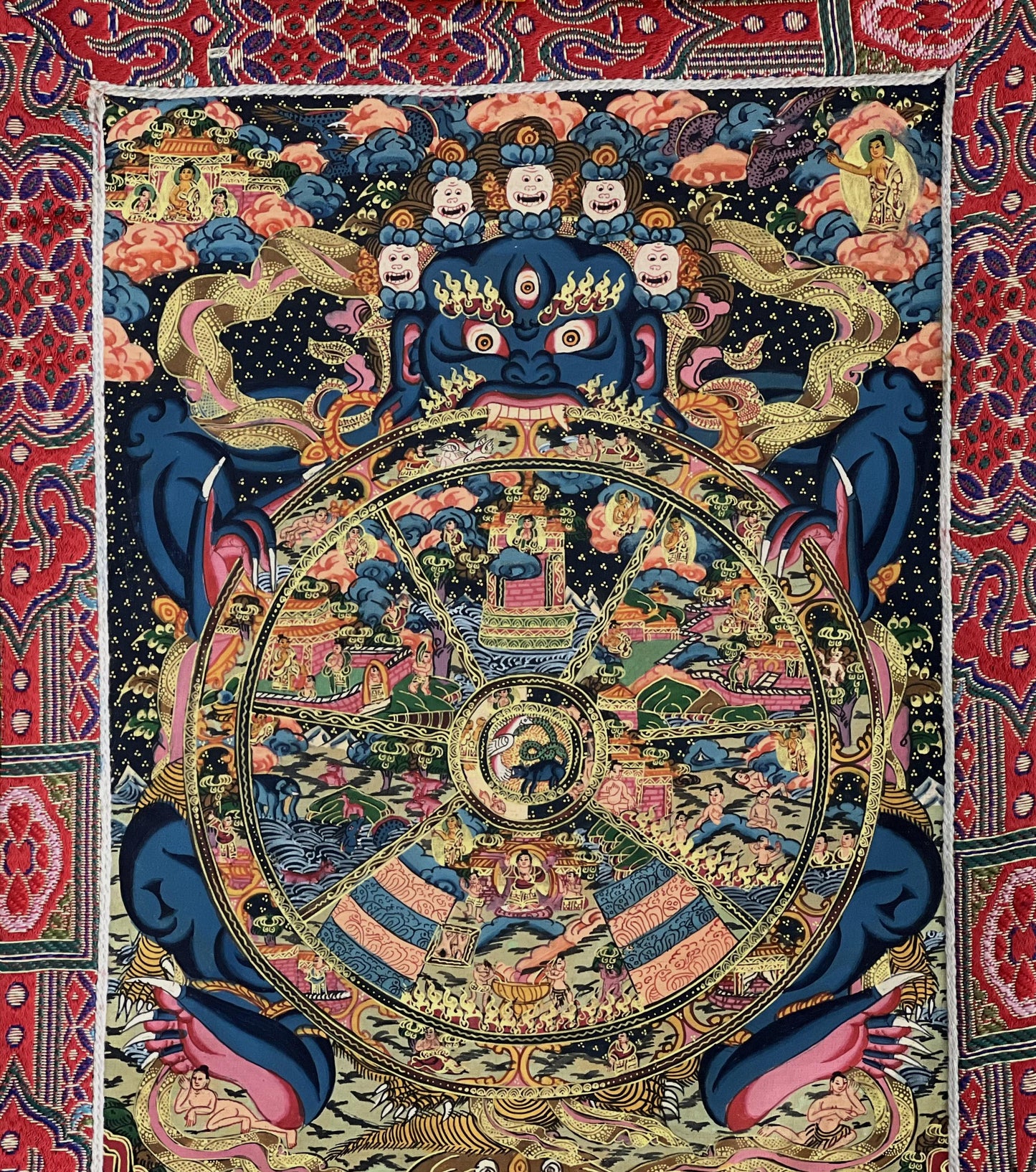 Hand-Painted Samsara Wheel of Life Mandala Tibetan Thangka, Silk Brocade Framed