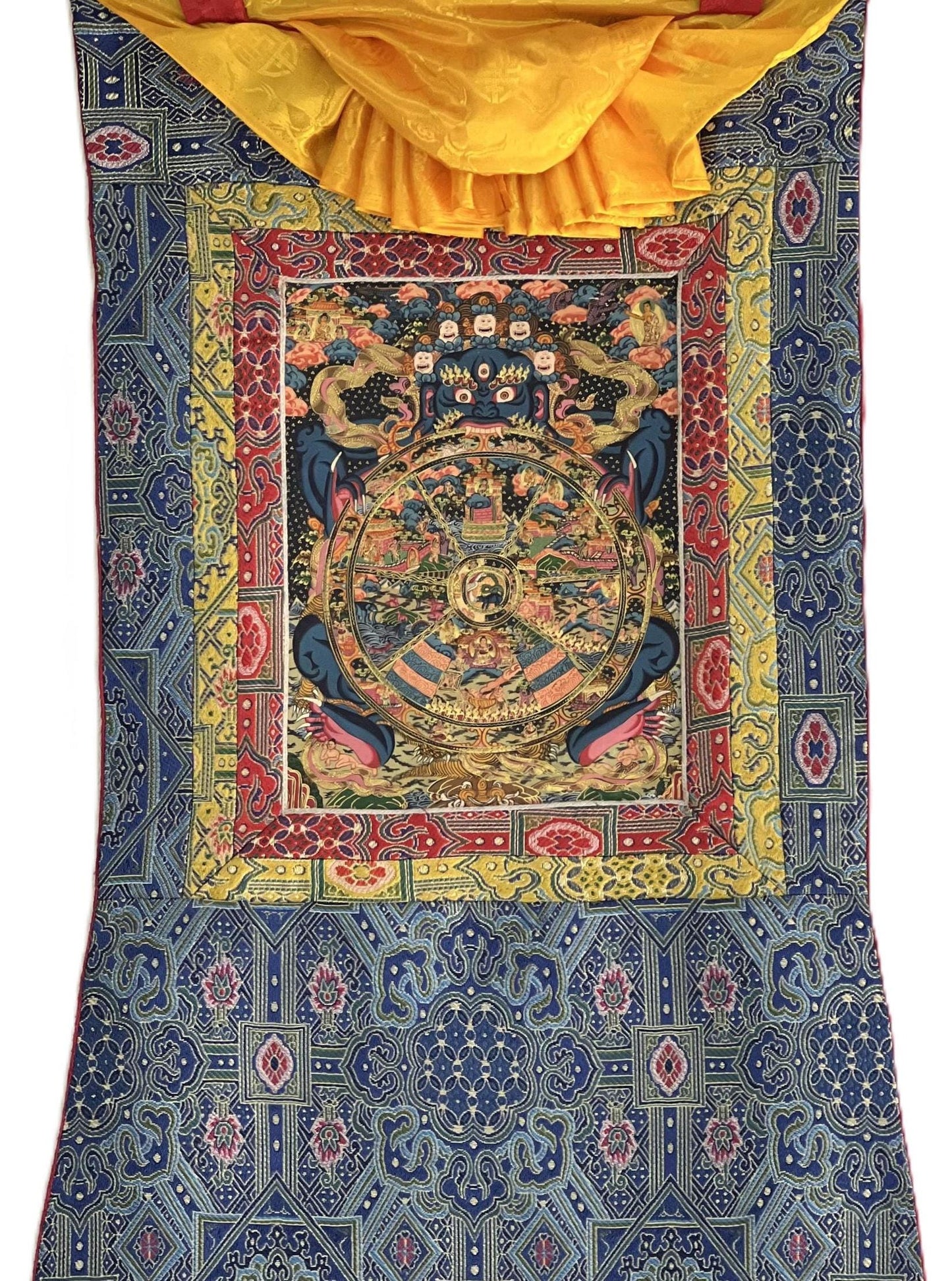 Hand-Painted Samsara Wheel of Life Mandala Tibetan Thangka, Silk Brocade Framed