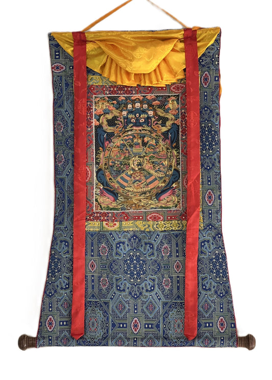 Hand-Painted Samsara Wheel of Life Mandala Tibetan Thangka, Silk Brocade Framed
