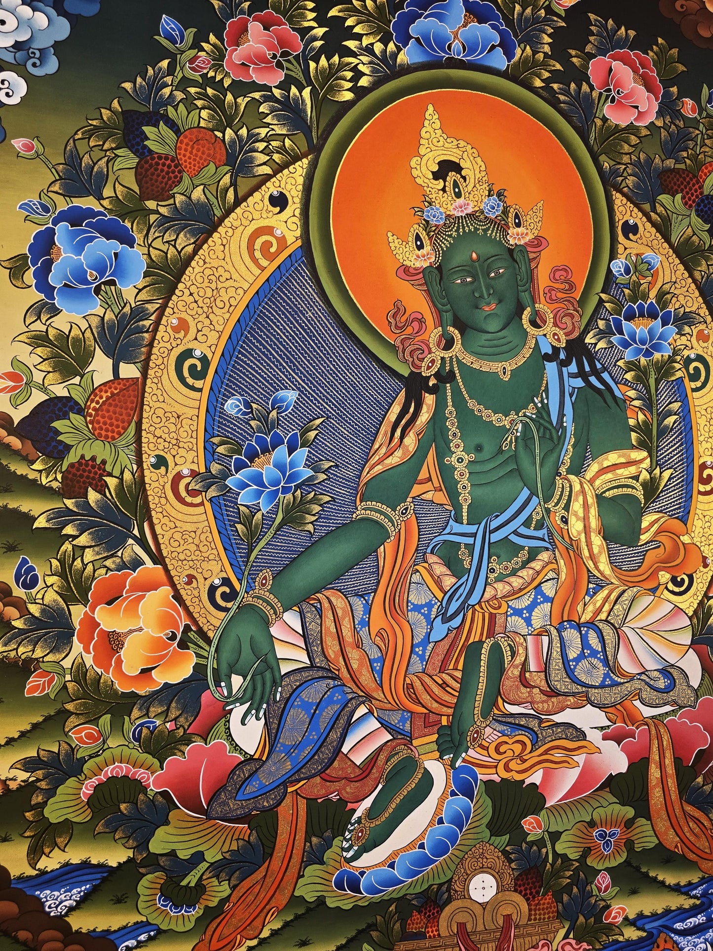 Hand-Painted Green Tara Thangka | Tibetan Healing and Protection Goddess Art