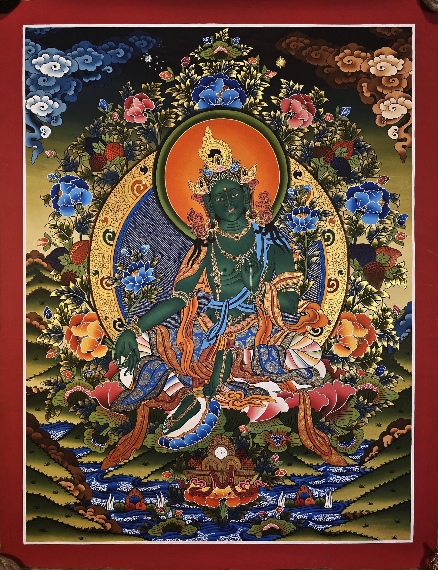 Hand-Painted Green Tara Thangka | Tibetan Healing and Protection Goddess Art
