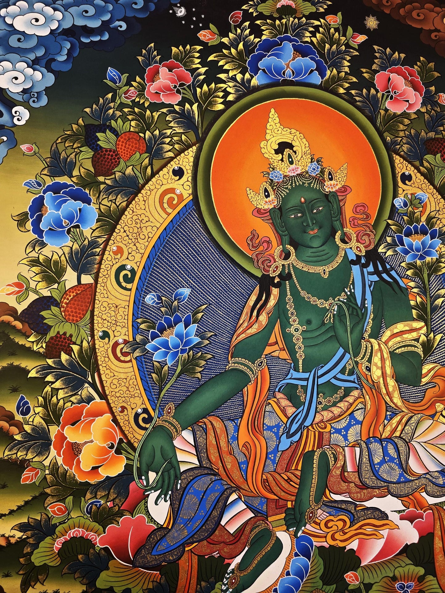 Hand-Painted Green Tara Thangka | Tibetan Healing and Protection Goddess Art
