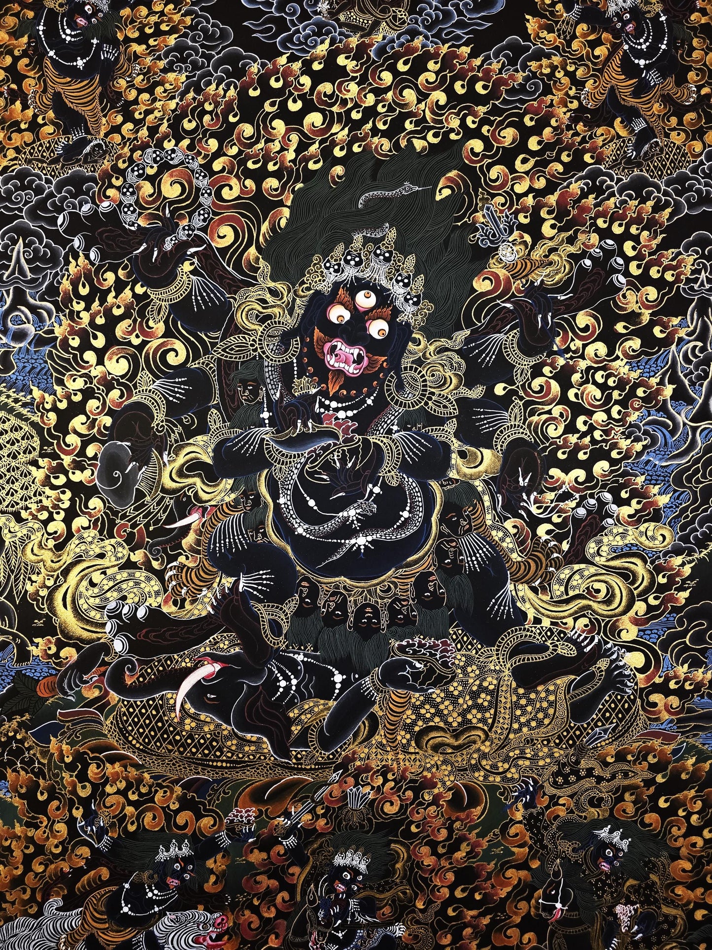 Original Hand-Painted Six-Armed Mahakala Black and Gold Tibetan Thangka Painting – Protector Deity of Compassion