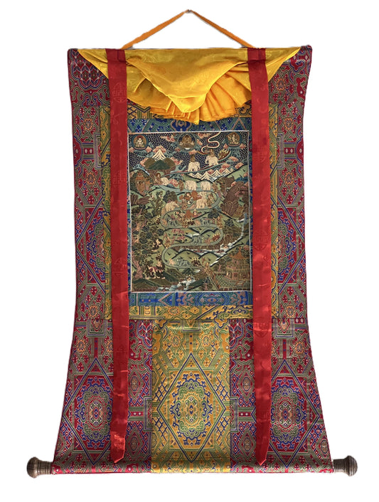 Hand-Painted Samatha Meditation Thangka, Tibetan Buddhist Art with Silk Brocade