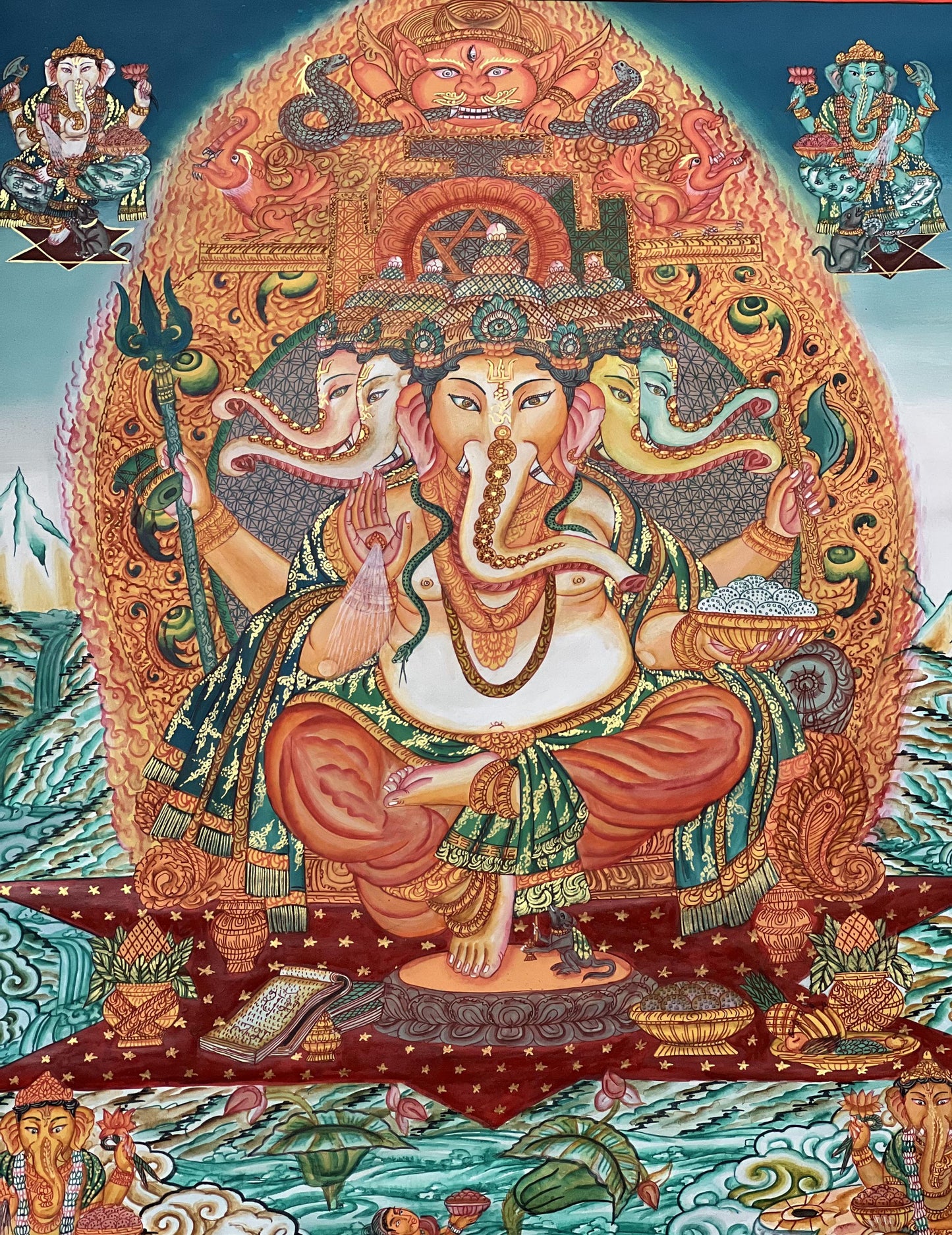 Large Panchamukhi Ganesha Newari Paubha Thangka – Rare Five-Faced Ganesha Sacred Painting