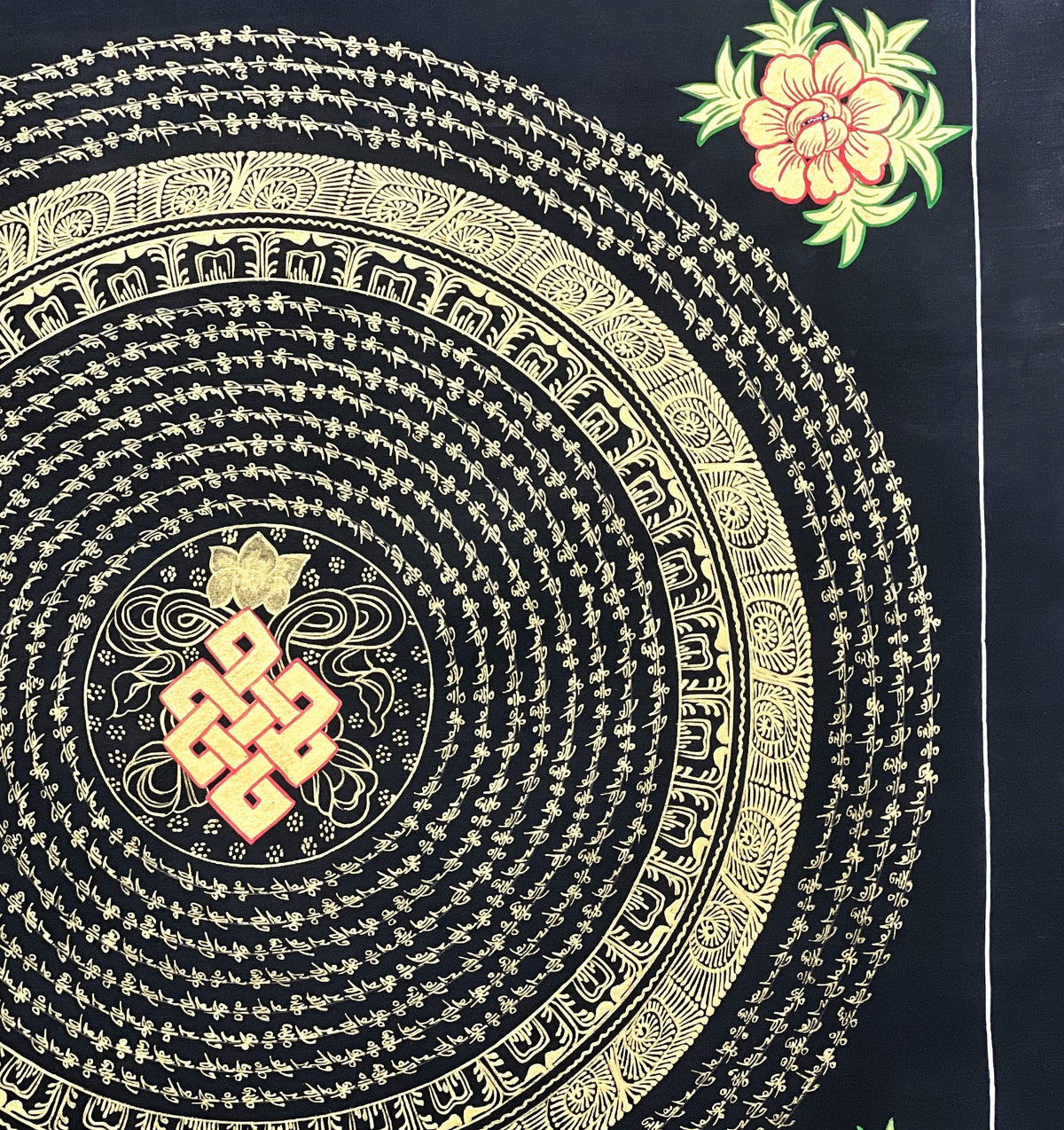Endless Knot Mandala  Hand-Painted Tibetan Thangka Art, Black & Gold