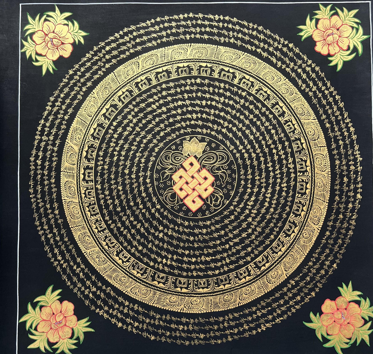Endless Knot Mandala  Hand-Painted Tibetan Thangka Art, Black & Gold