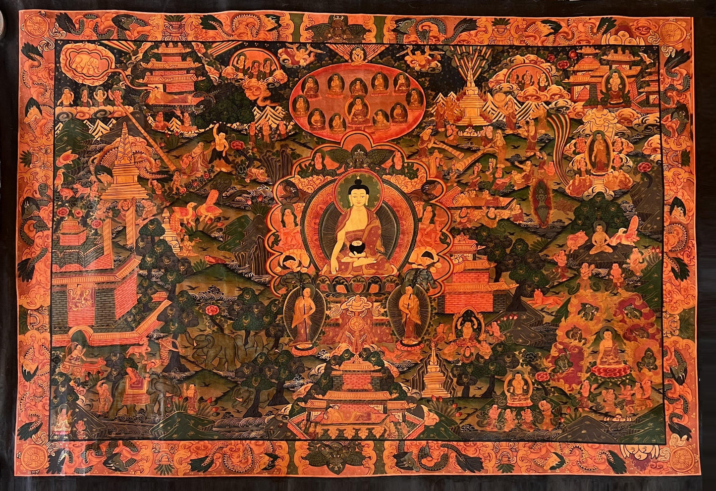 Large Buddha Life Story Thangka • Semi-Old Tibetan Painting, Nepal Art