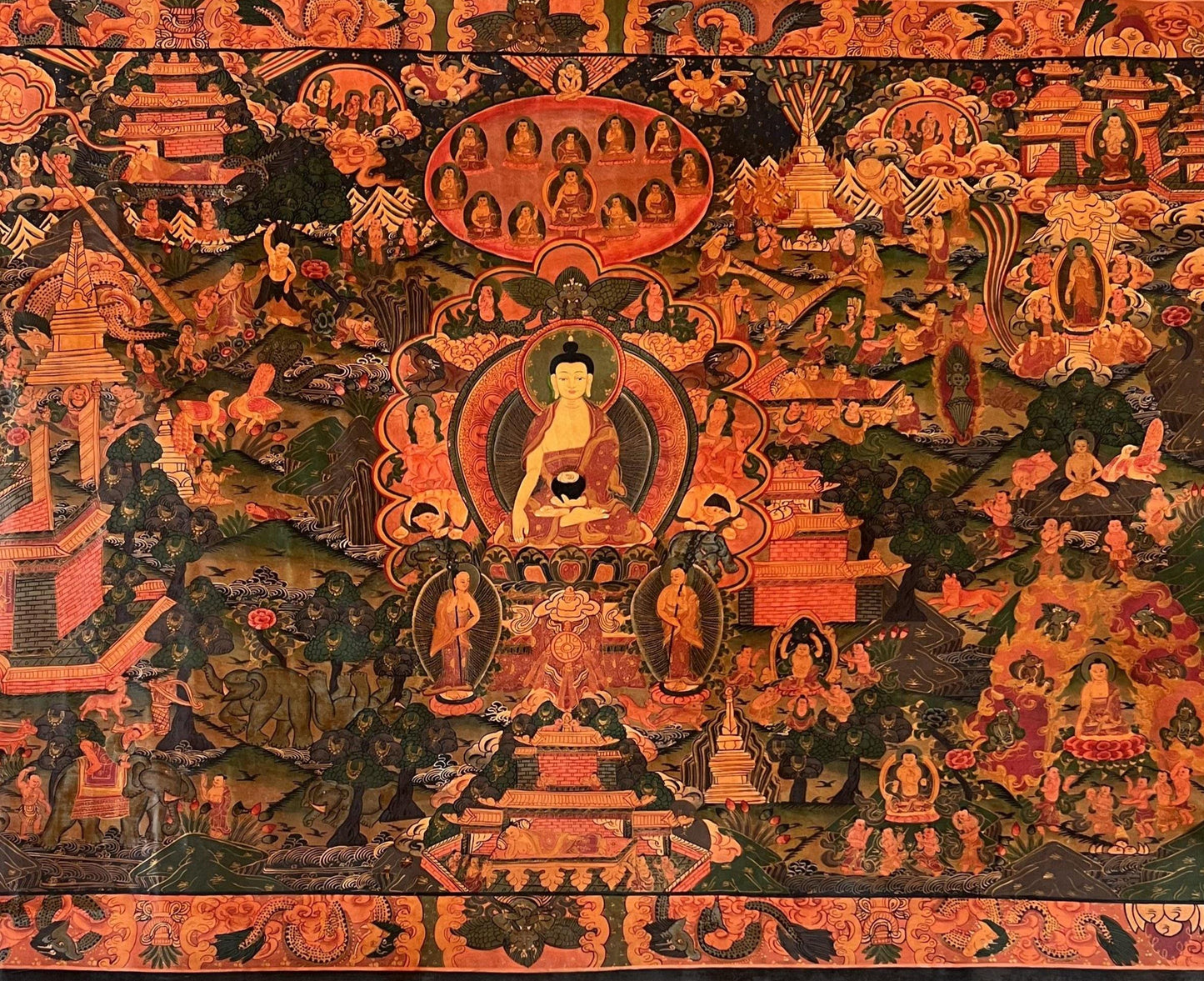 Large Buddha Life Story Thangka • Semi-Old Tibetan Painting, Nepal Art