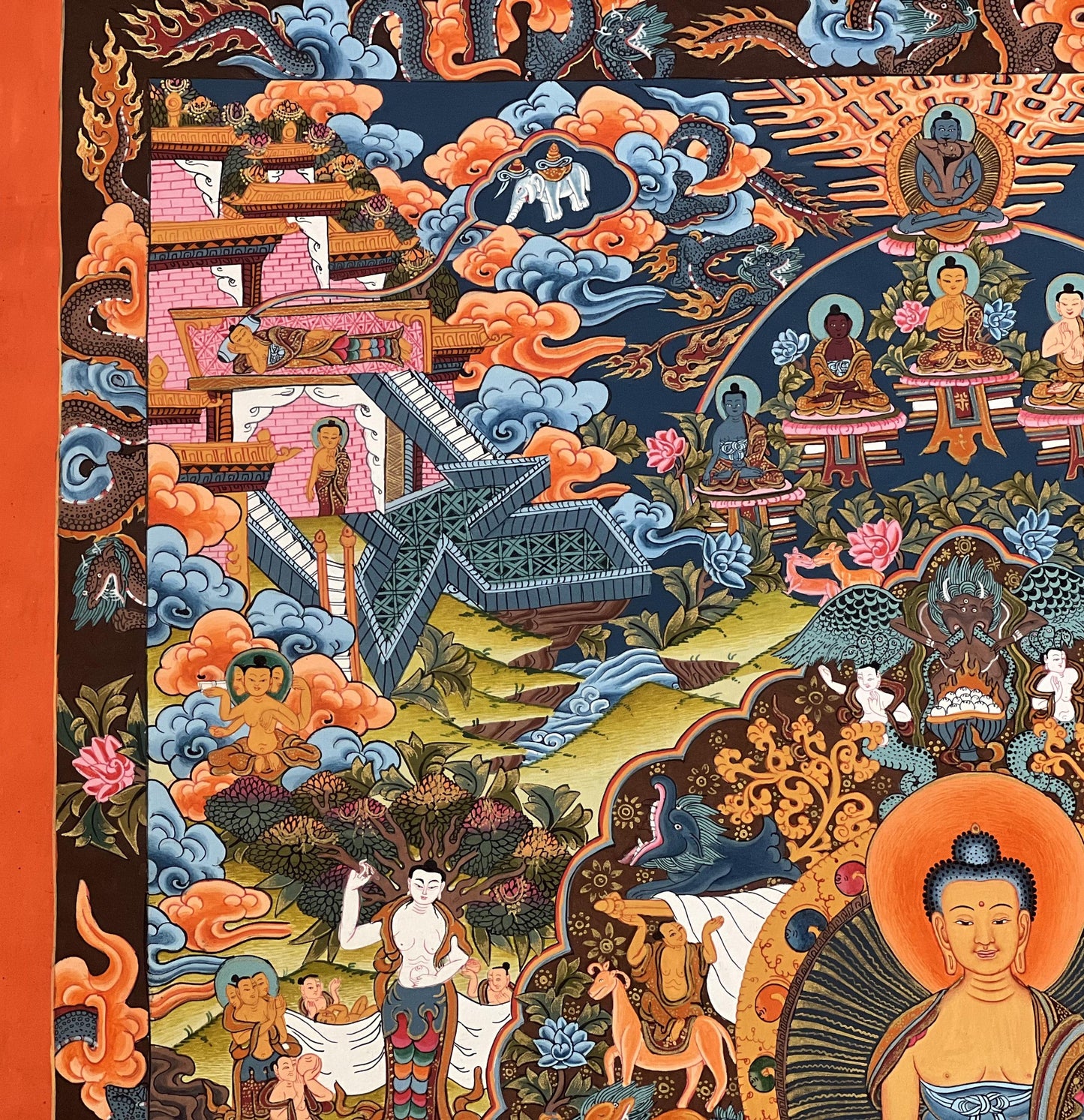 Hand-Painted Buddha Life Story Thangka | Tibetan Cotton Canvas Art