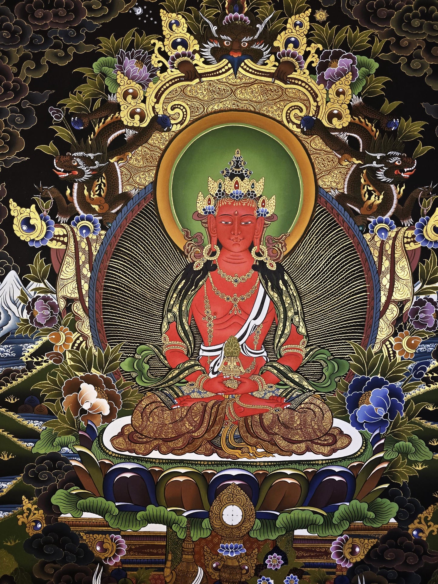 Hand-Painted Amitayus Buddha Thangka | Tibetan Gold Buddhist Art
