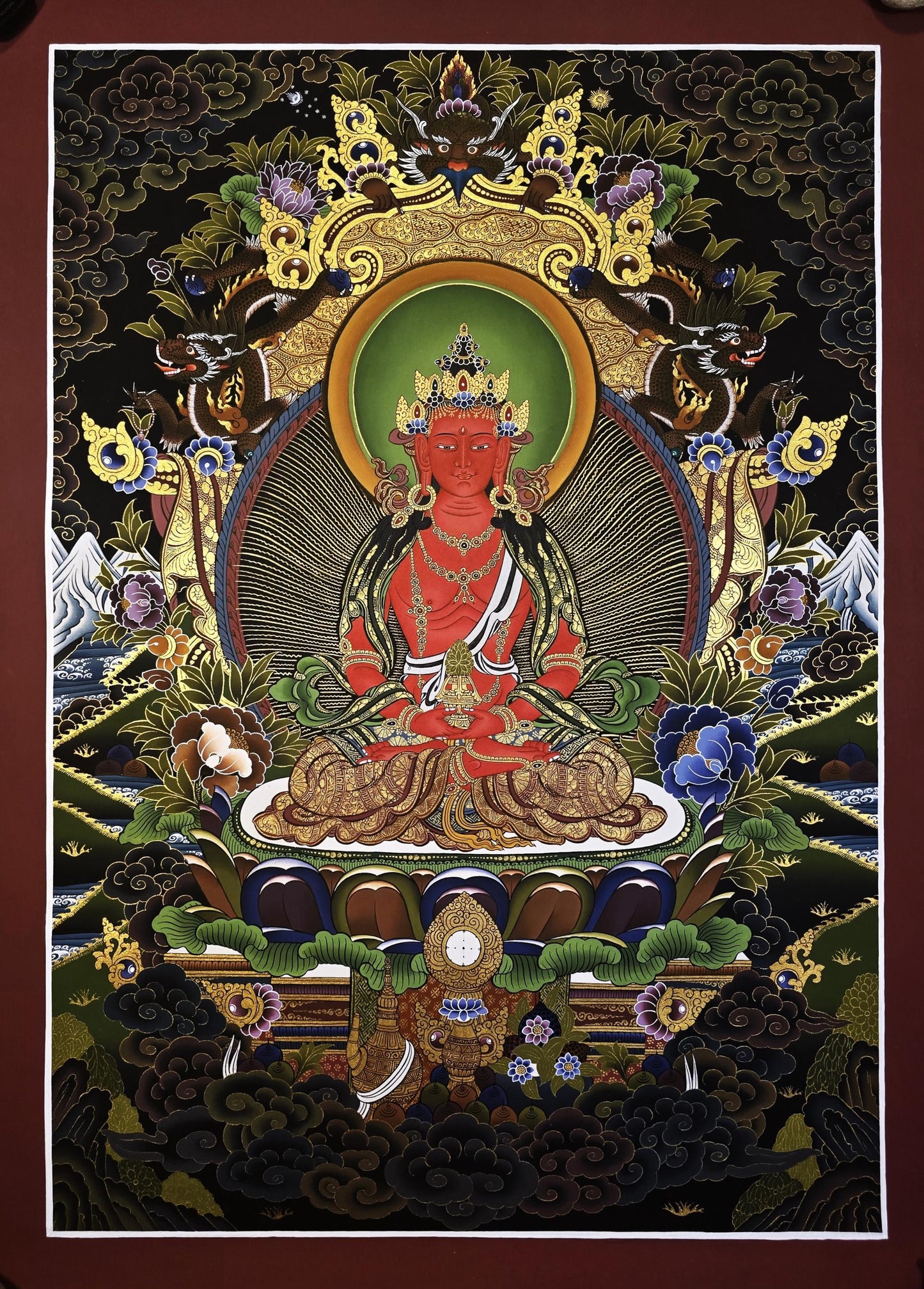 Hand-Painted Amitayus Buddha Thangka | Tibetan Gold Buddhist Art