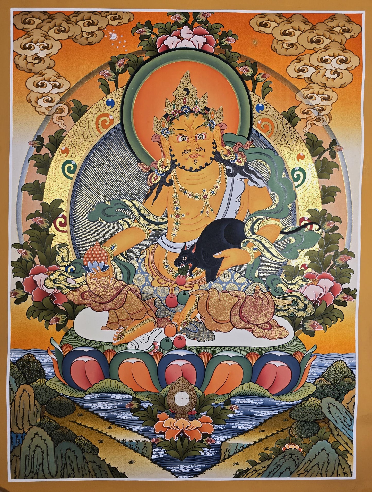 Hand-Painted Jambhala Thangka | Tibetan God of Wealth Art