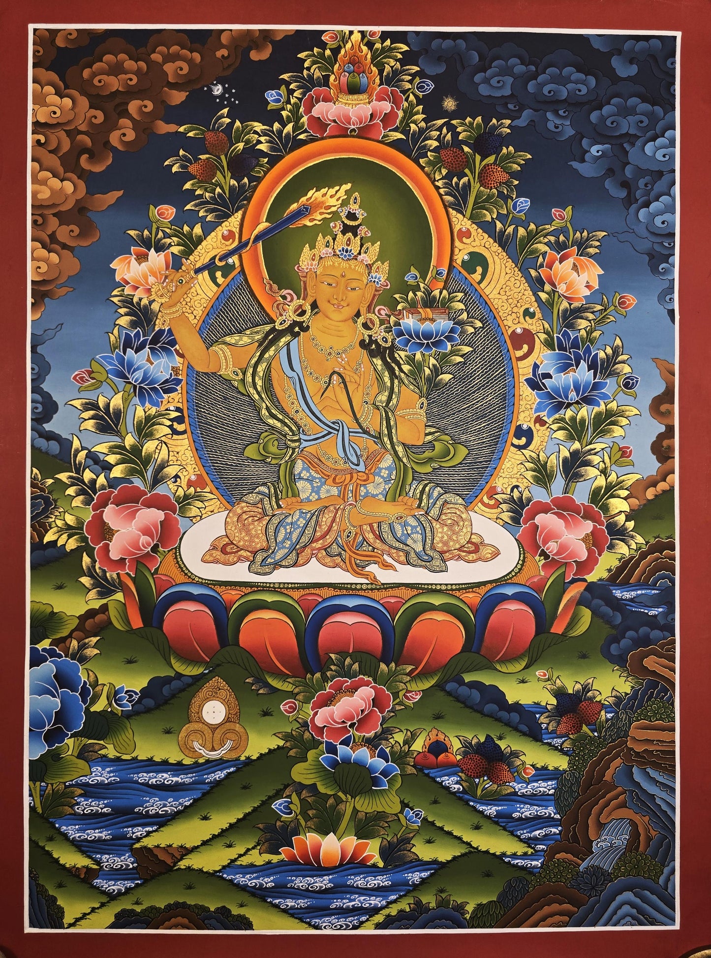 Manjushri Thangka | Hand-Painted Bodhisattva of Wisdom Tibetan Masterpiece