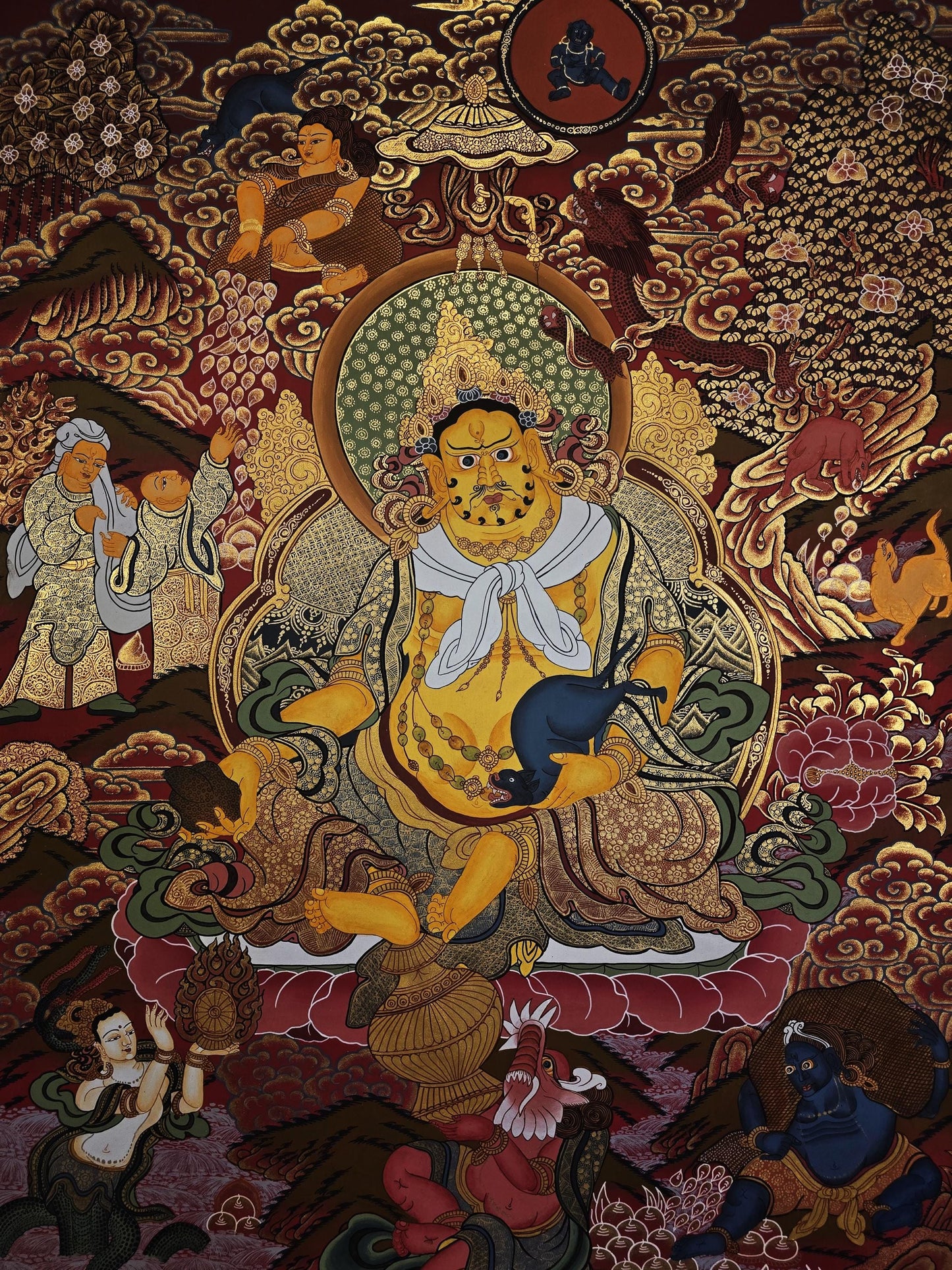 Yellow Jambhala Thangka | Hand-Painted Tibetan God of Wealth Art