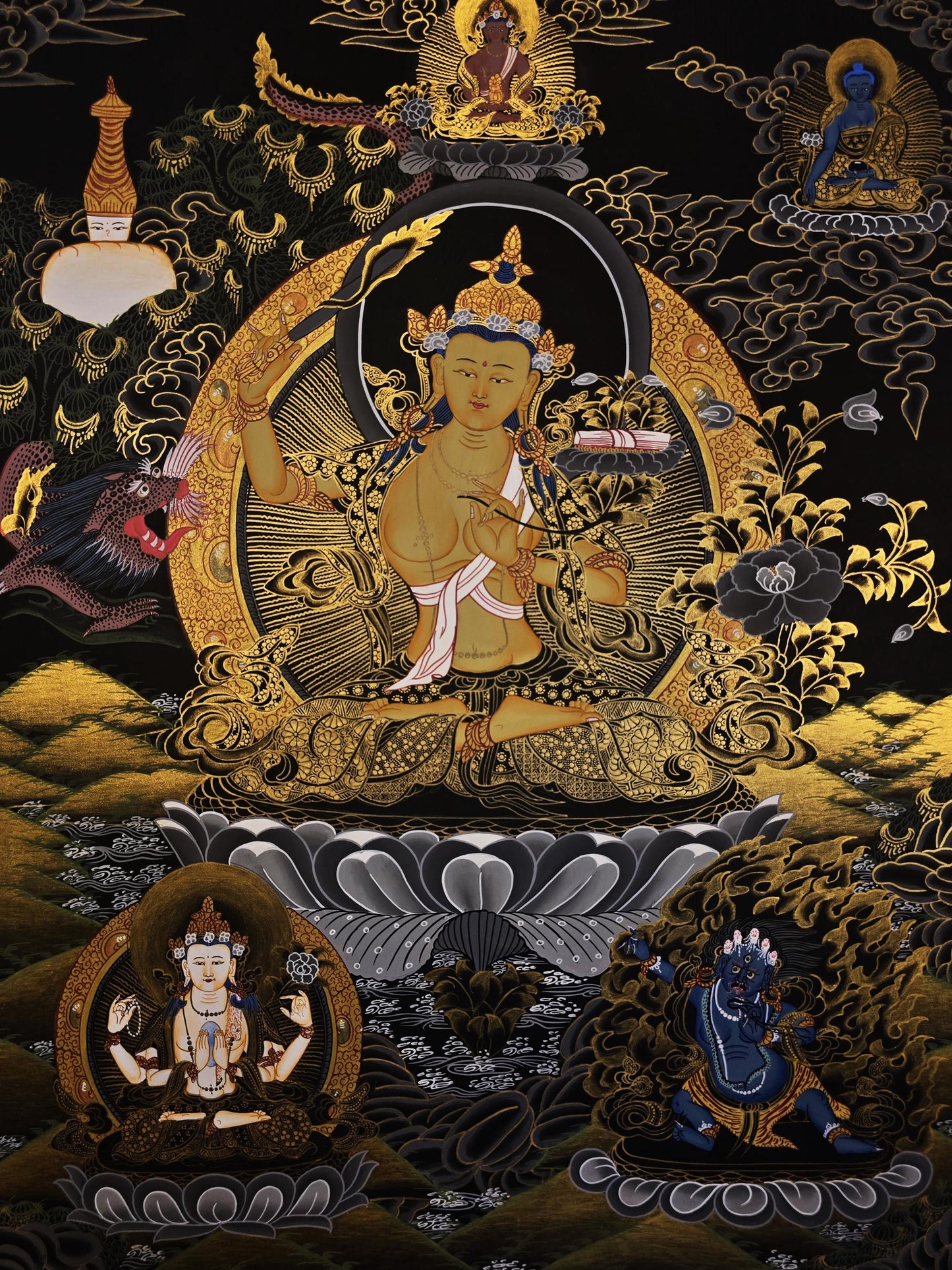Hand-Painted Manjushri Thangka | Tibetan Buddhist Art | Wisdom Bodhisattva | Spiritual Decor |  Gift for Meditation & Mindfulness