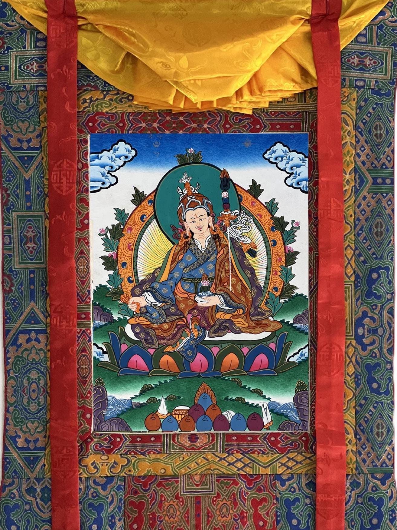 Hand-Painted Guru Rinpoche Thangka | Silk Brocade, Tibetan Buddhist Art