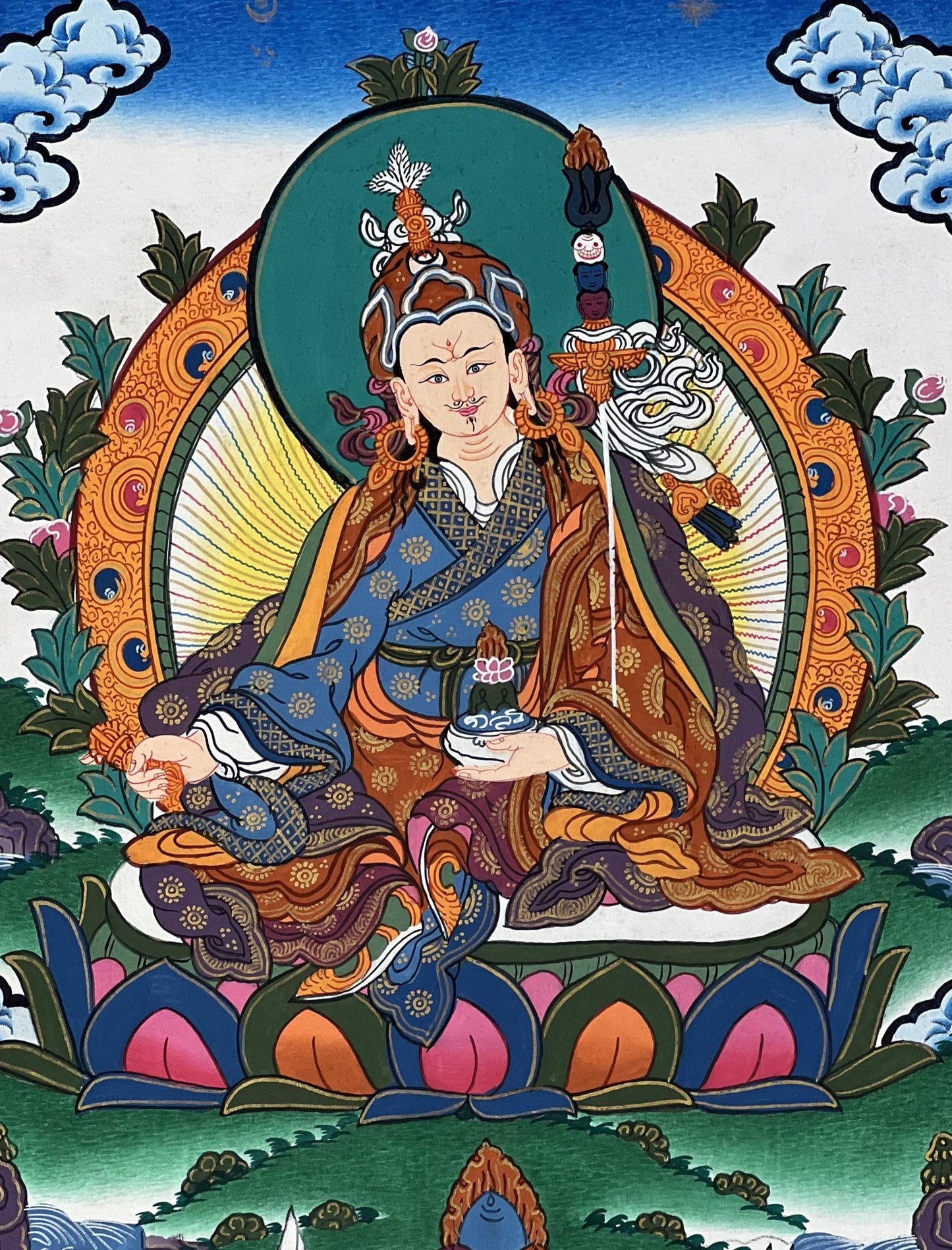 Hand-Painted Guru Rinpoche Thangka | Silk Brocade, Tibetan Buddhist Art