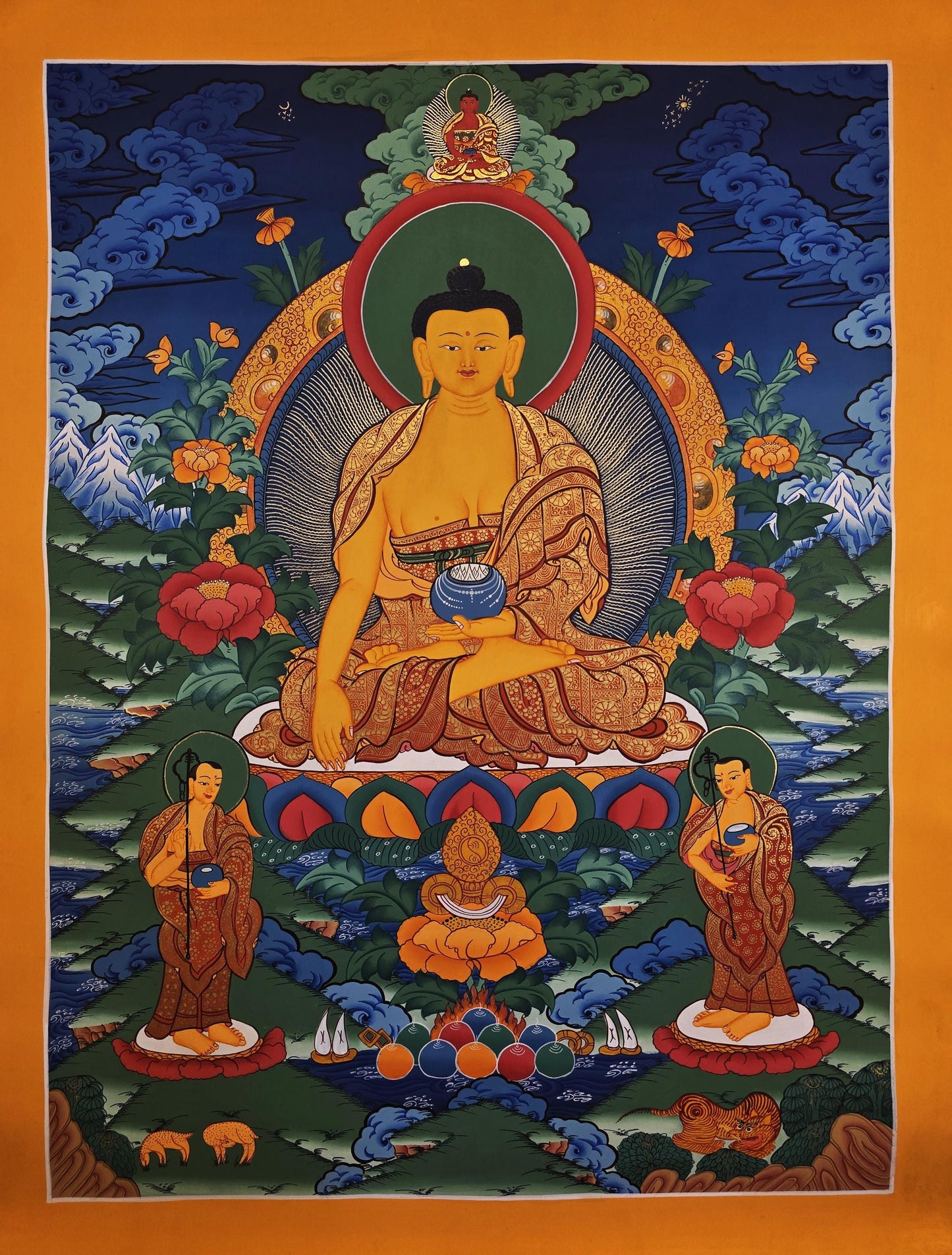 Hand-Painted Shakyamuni Buddha Thangka with Two Disciples - Fine Tibetan Wall Hanging Art from Nepal