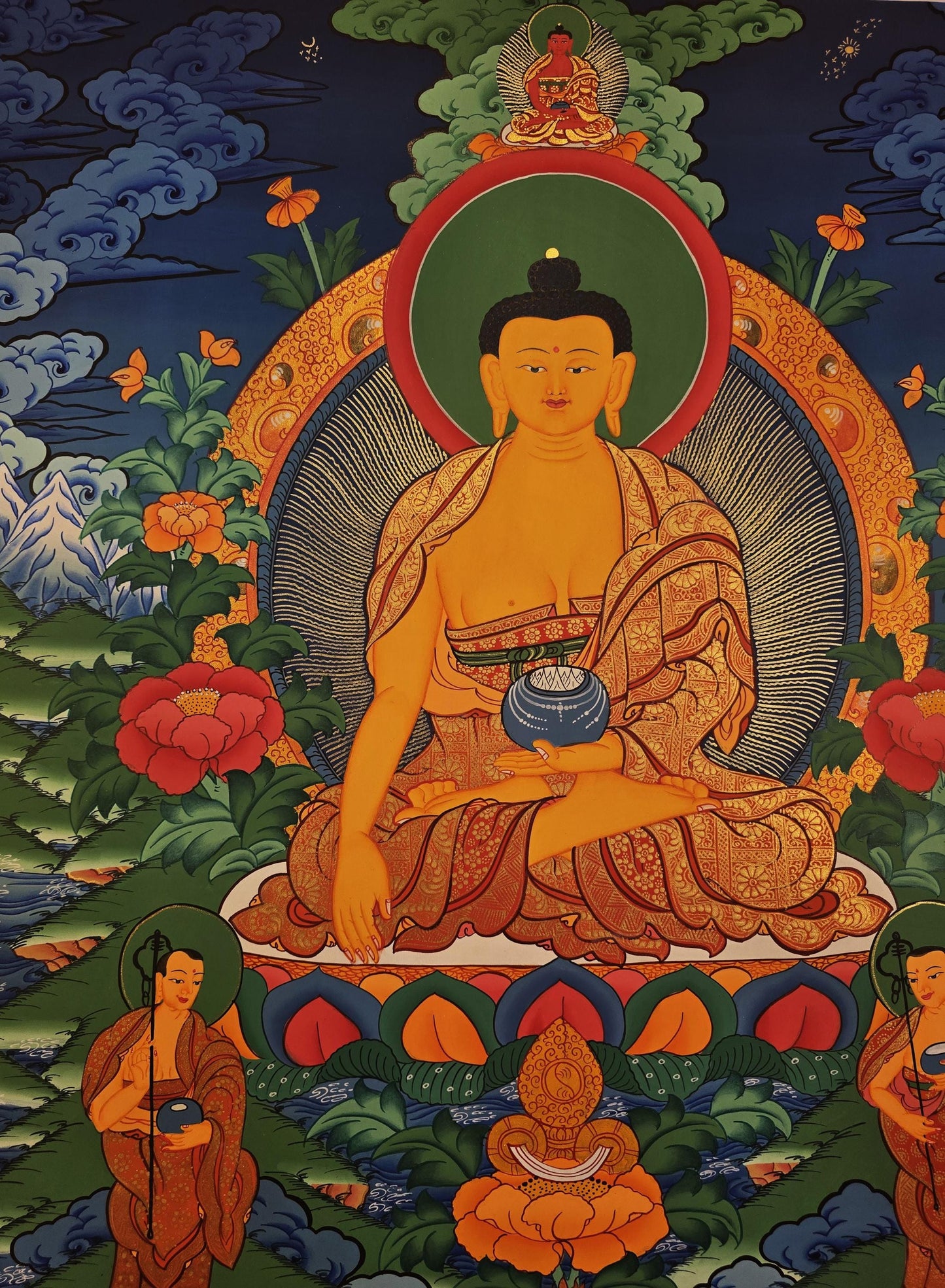 Hand-Painted Shakyamuni Buddha Thangka with Two Disciples - Fine Tibetan Wall Hanging Art from Nepal