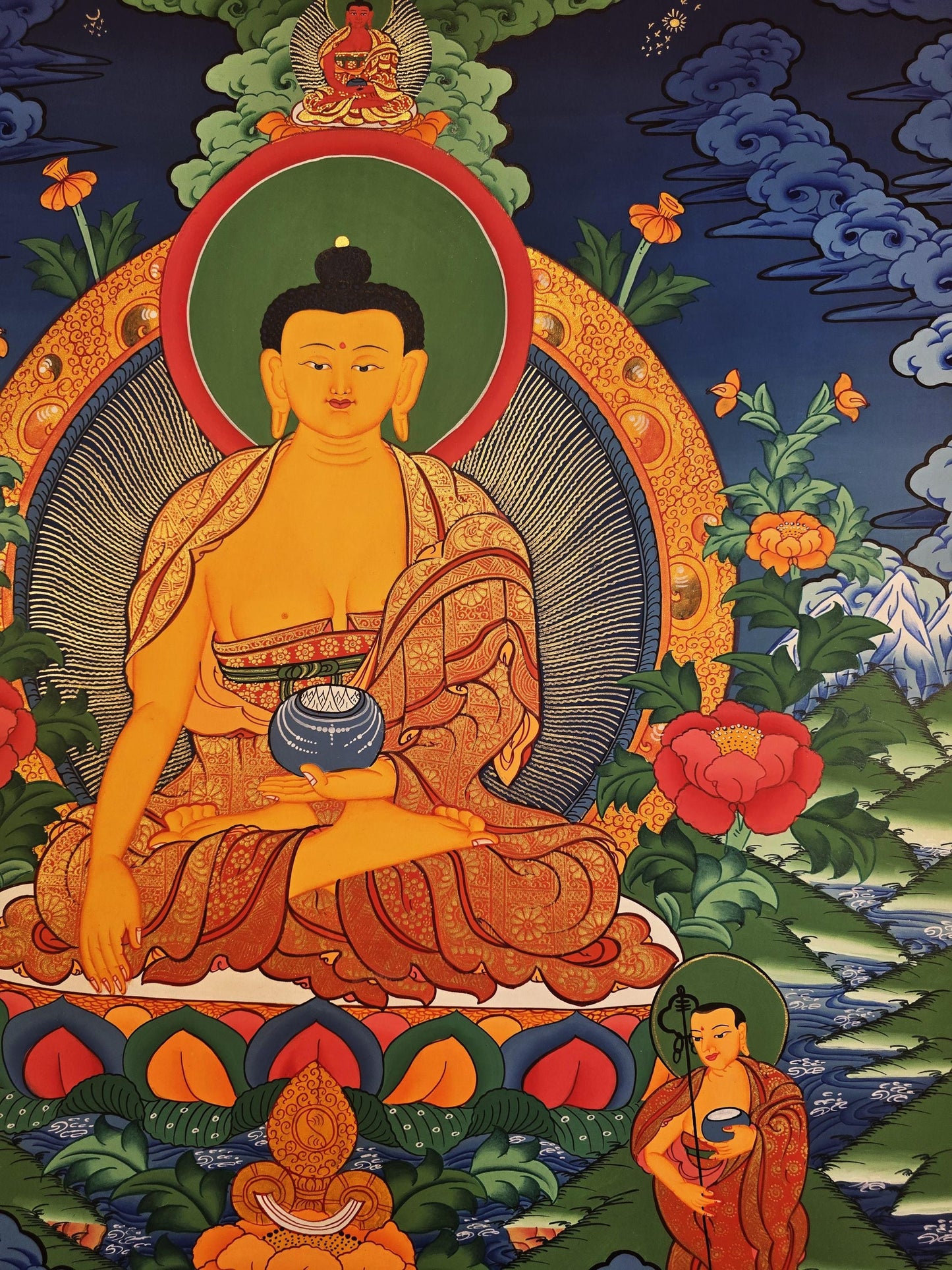 Hand-Painted Shakyamuni Buddha Thangka with Two Disciples - Fine Tibetan Wall Hanging Art from Nepal