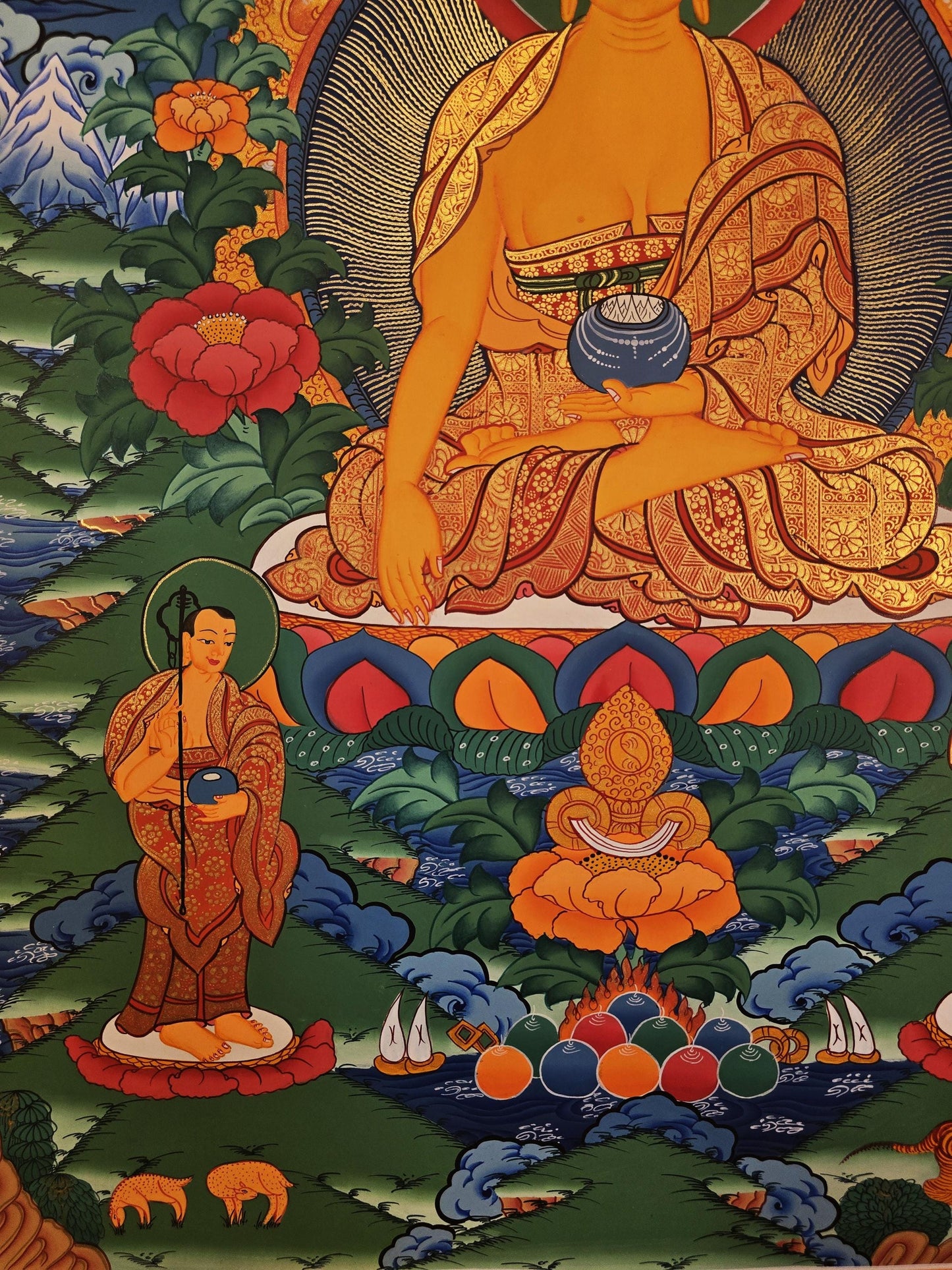 Hand-Painted Shakyamuni Buddha Thangka with Two Disciples - Fine Tibetan Wall Hanging Art from Nepal