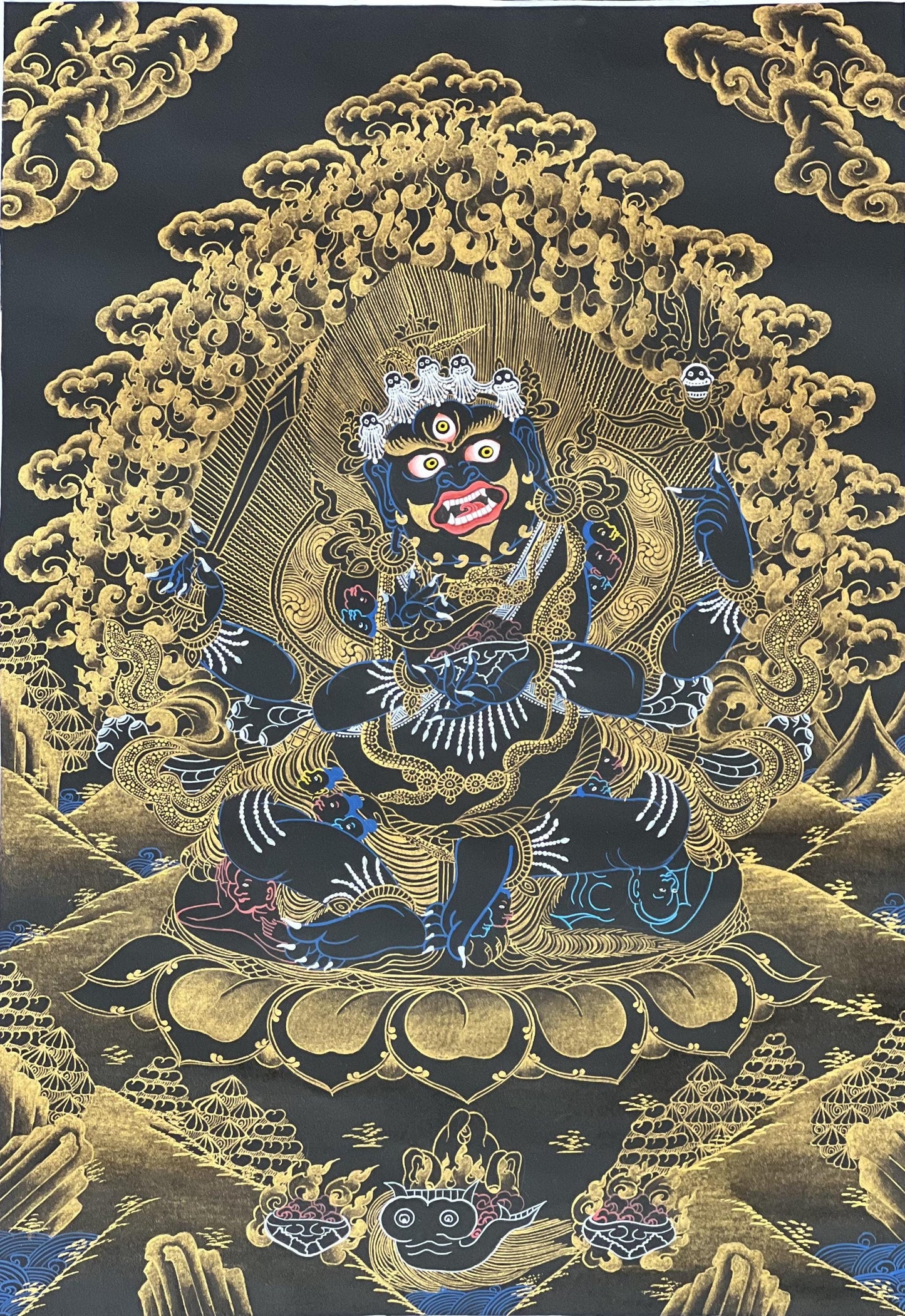 Hand-Painted Mahakala Thangka | Black & Gold Tibetan Buddhist Art