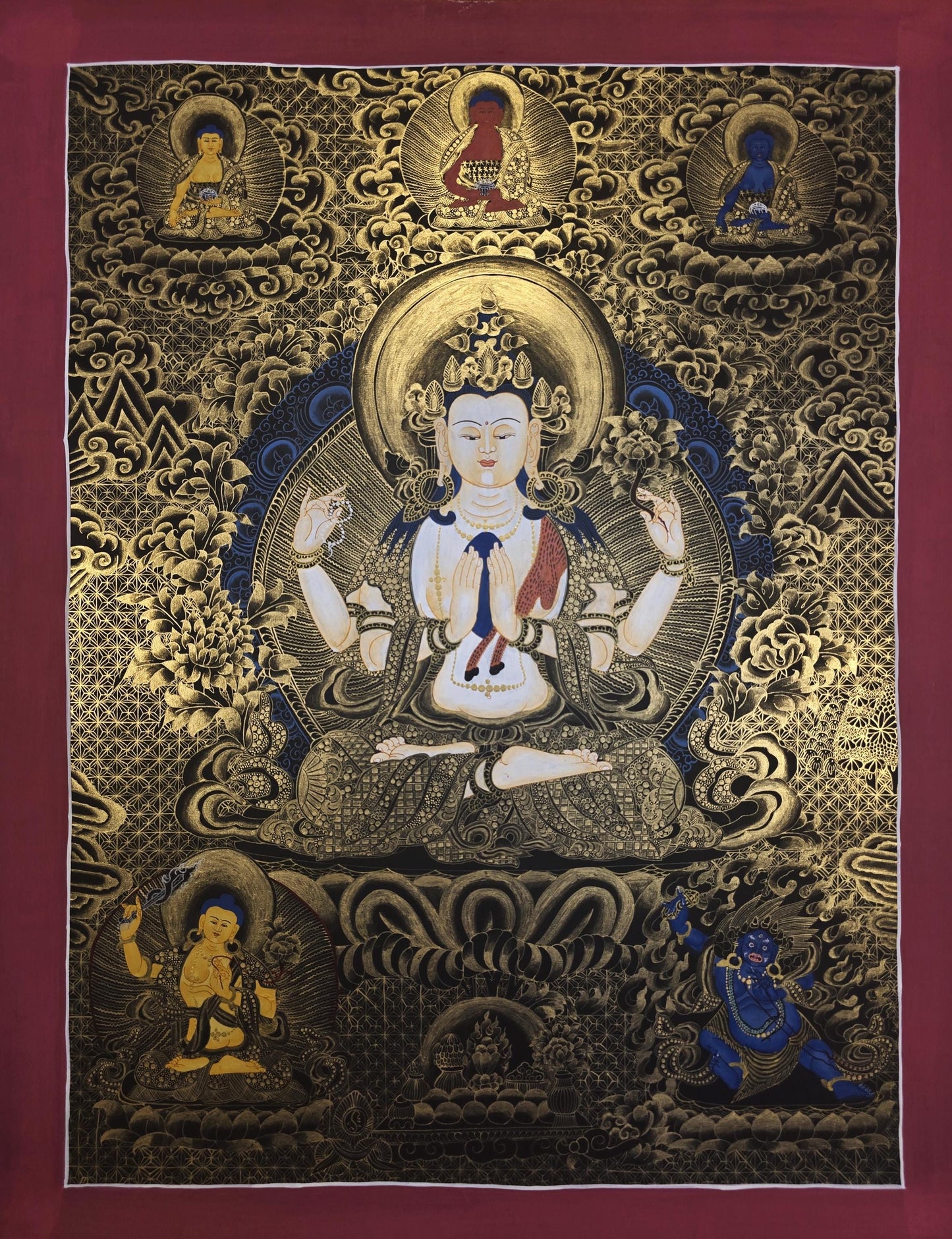 Original Hand-Painted Chenrezig Thangka | Avalokiteshvara Bodhisattva of Compassion | Tibetan Meditation Wall Art from Nepal