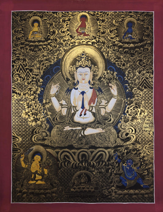 Original Hand-Painted Chenrezig Thangka | Avalokiteshvara Bodhisattva of Compassion | Tibetan Meditation Wall Art from Nepal