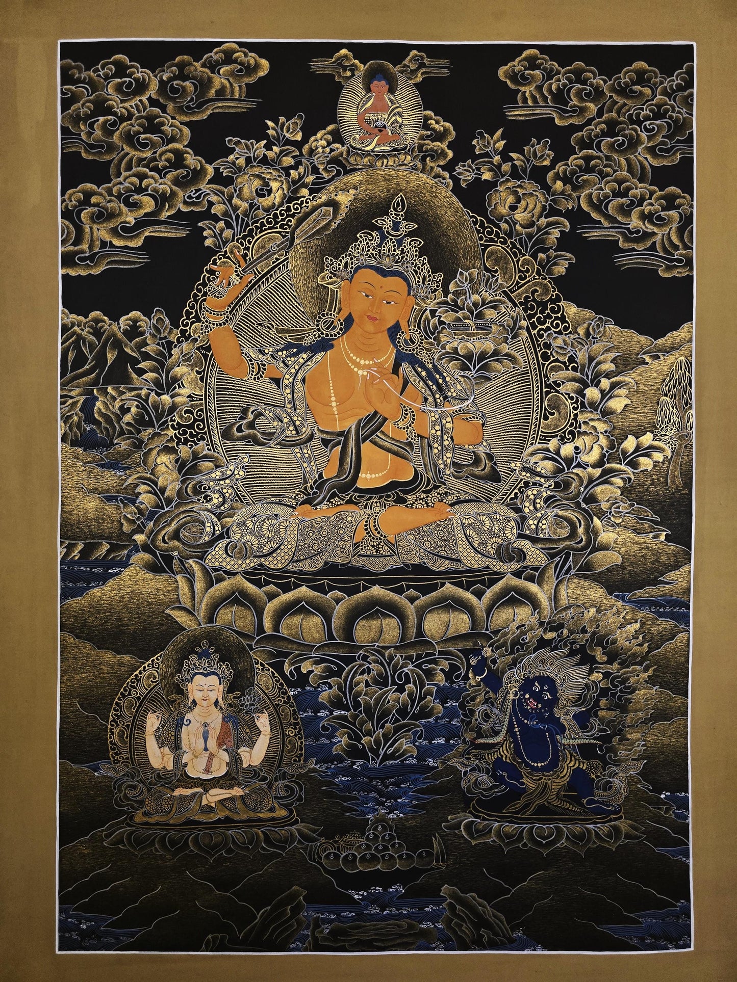 Hand-Painted Manjushri Thangka | 24K Gold Tibetan Buddhist Art