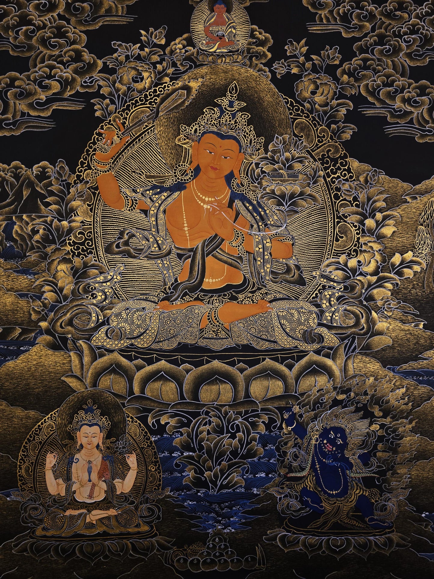 Hand-Painted Manjushri Thangka | 24K Gold Tibetan Buddhist Art