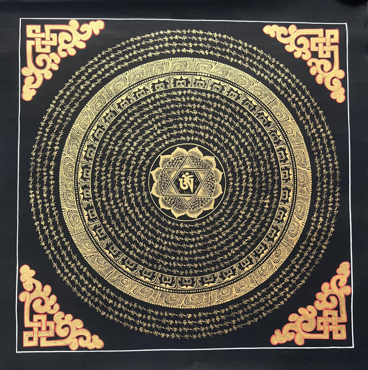 Hand-Painted Om Mandala Thangka  Tibetan Buddhist Art, Black & Gold Wall Hanging