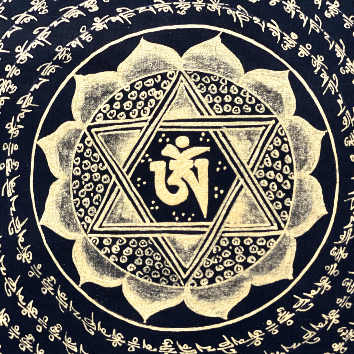 Hand-Painted Om Mandala Thangka  Tibetan Buddhist Art, Black & Gold Wall Hanging