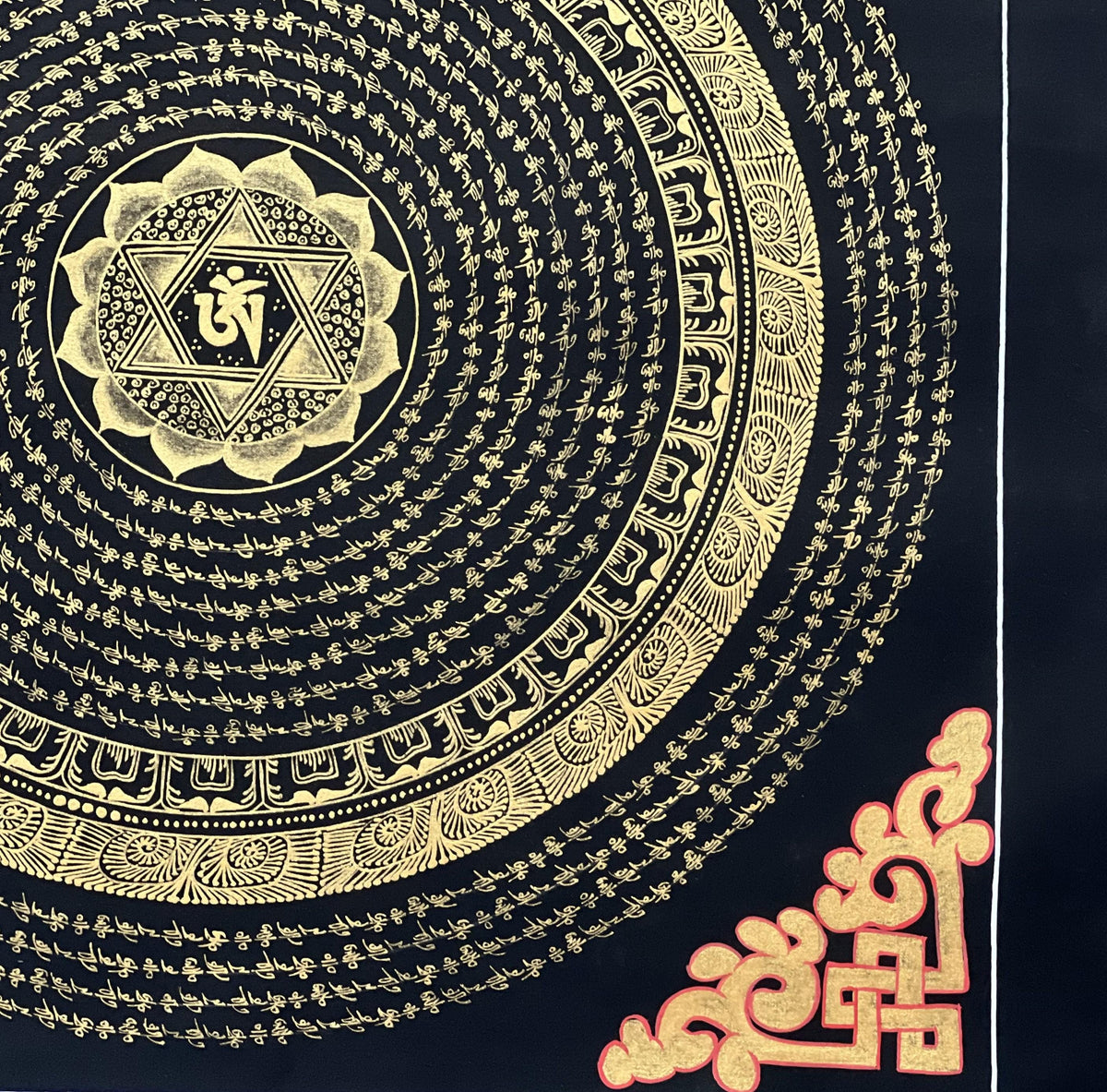 Hand-Painted Om Mandala Thangka  Tibetan Buddhist Art, Black & Gold Wall Hanging