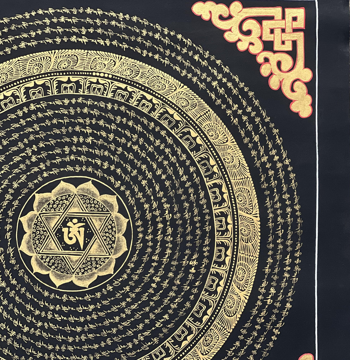 Hand-Painted Om Mandala Thangka  Tibetan Buddhist Art, Black & Gold Wall Hanging