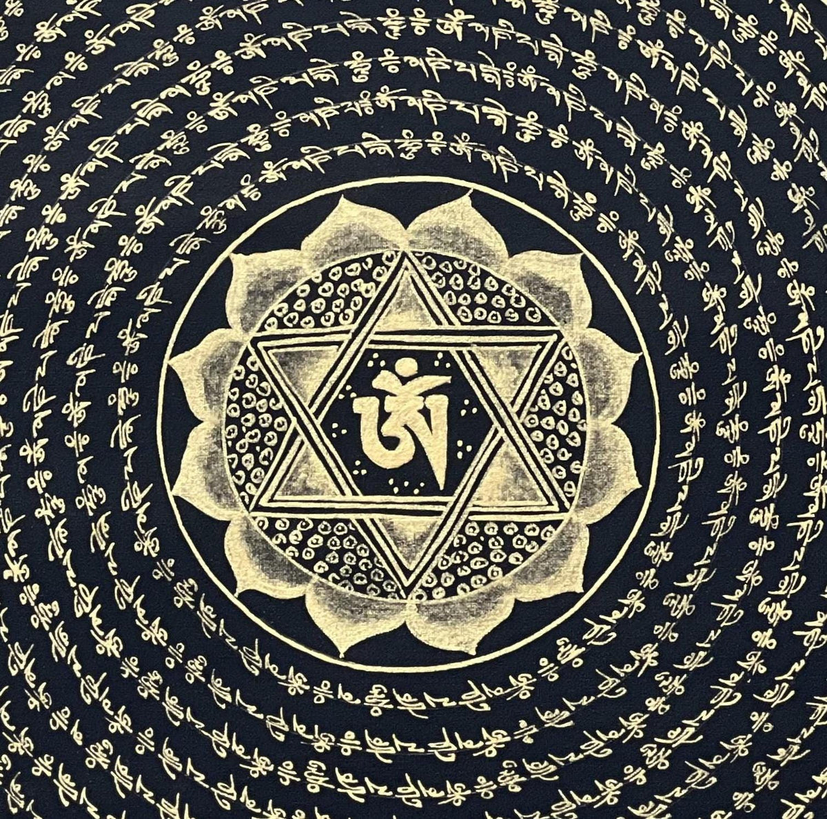 Hand-Painted Om Mandala Thangka  Tibetan Buddhist Art, Black & Gold Wall Hanging