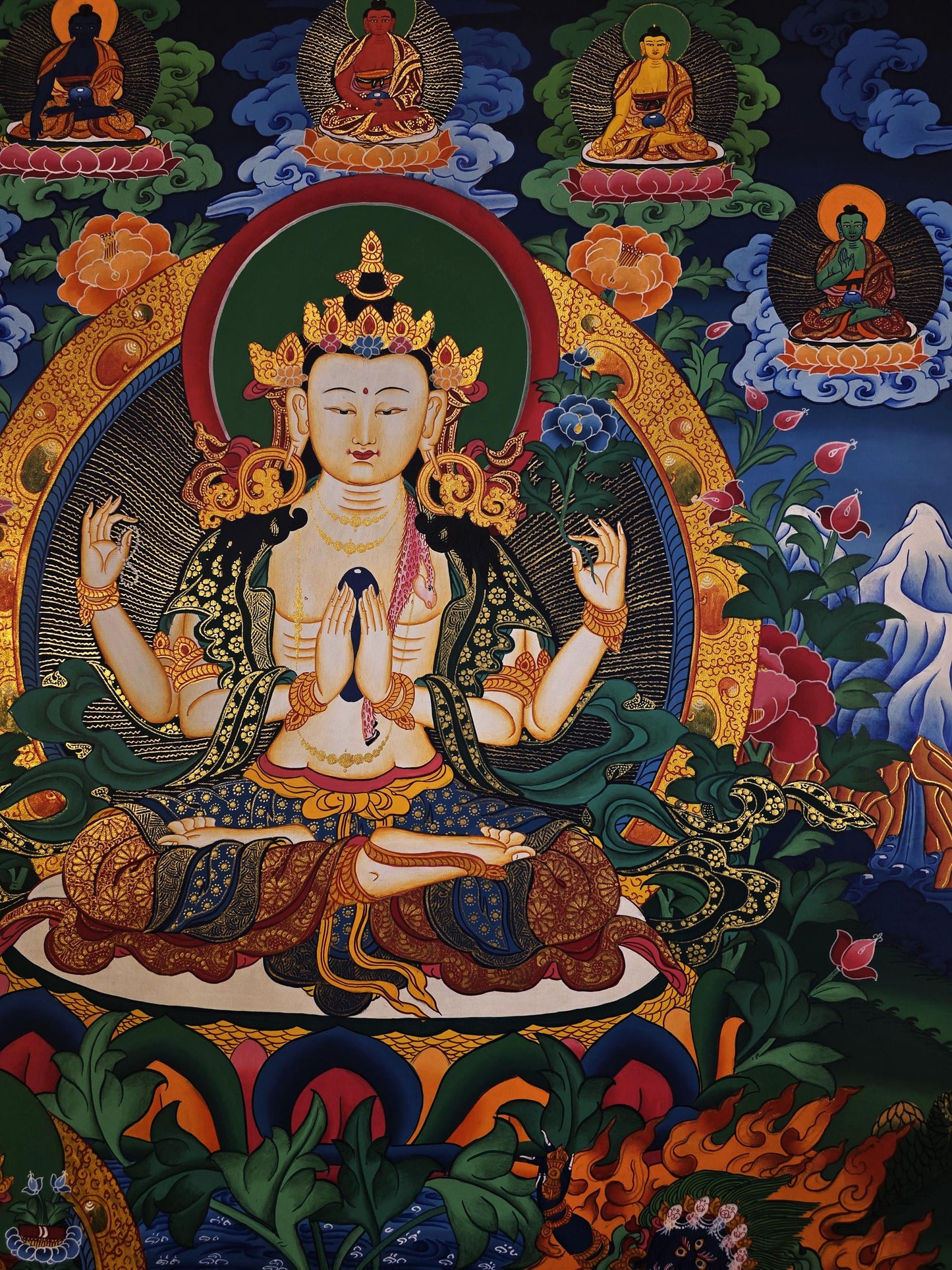 Original Hand-Painted Four-Armed Chenrezig Thangka | Avalokiteshvara Art | Tibetan Buddhist Compassion Wall Art from Nepal