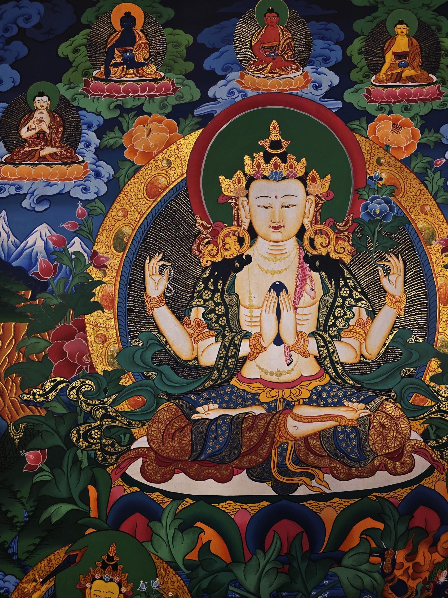 Original Hand-Painted Four-Armed Chenrezig Thangka | Avalokiteshvara Art | Tibetan Buddhist Compassion Wall Art from Nepal