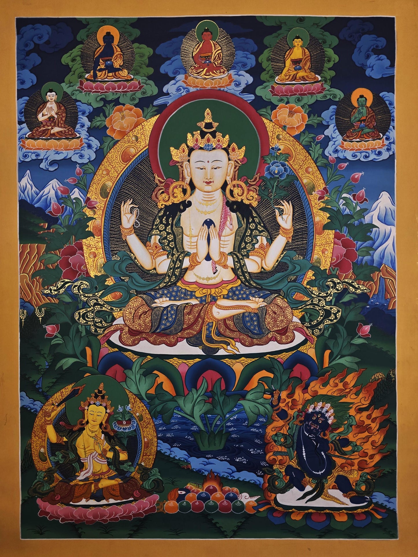 Original Hand-Painted Four-Armed Chenrezig Thangka | Avalokiteshvara Art | Tibetan Buddhist Compassion Wall Art from Nepal