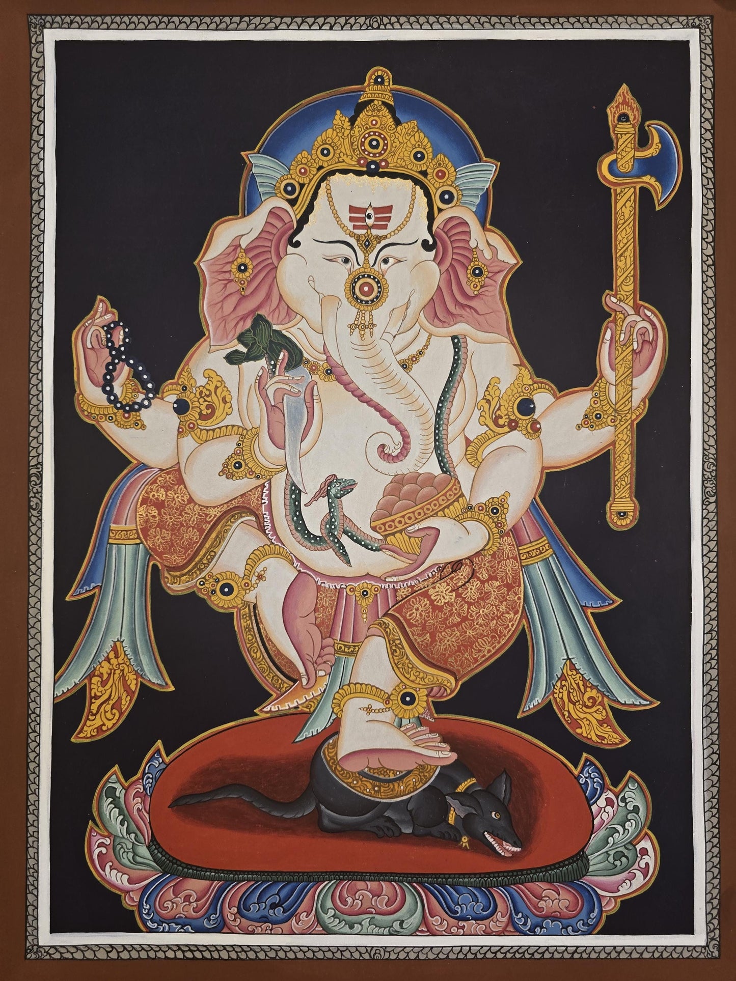 Hand-Painted Ganesha Thangka | Hindu God Art on Cotton Canvas