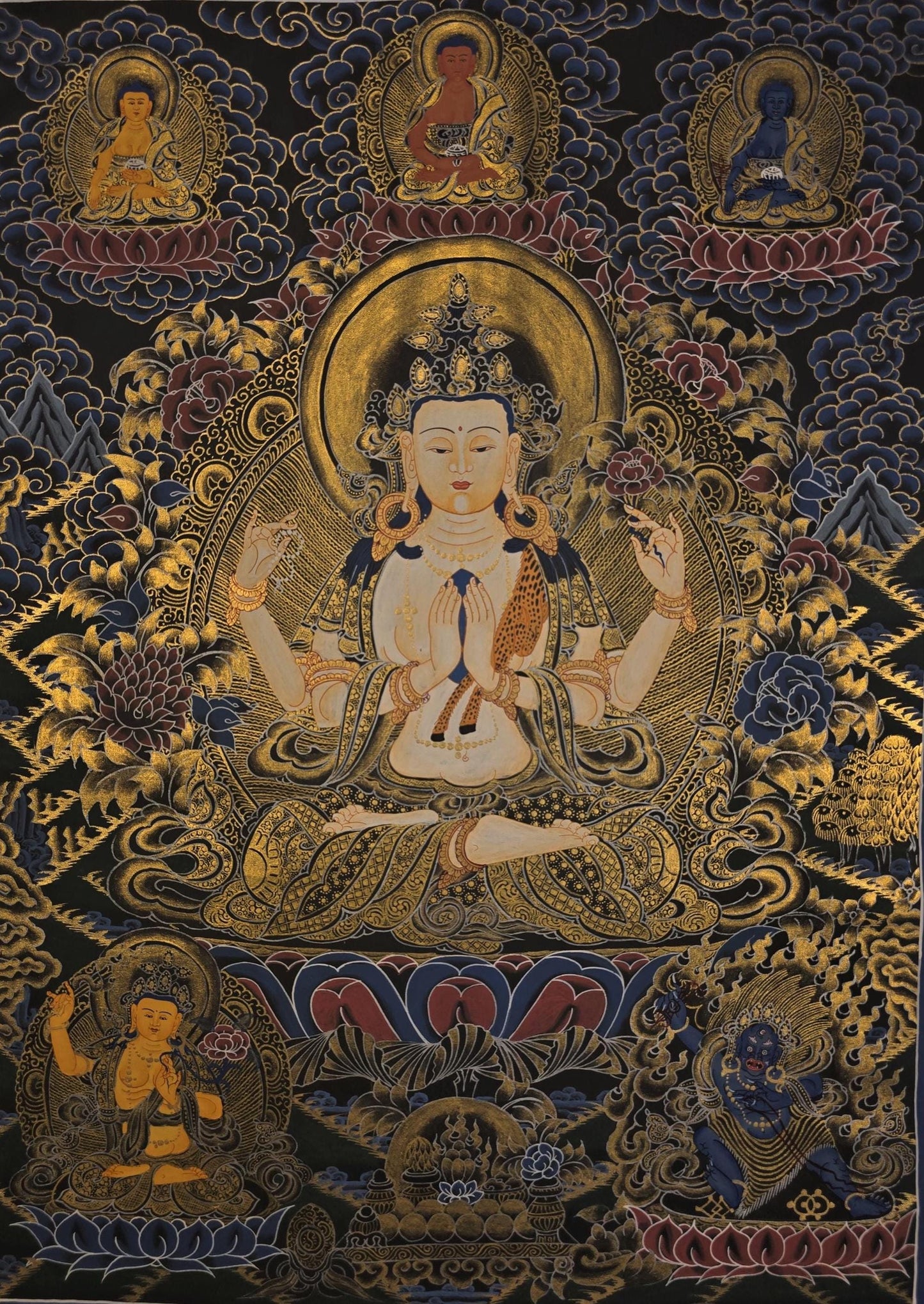 Original Hand-Painted Avalokiteshvara Thangka | Chenrezig Bodhisattva of Compassion | Tibetan Buddhist Art