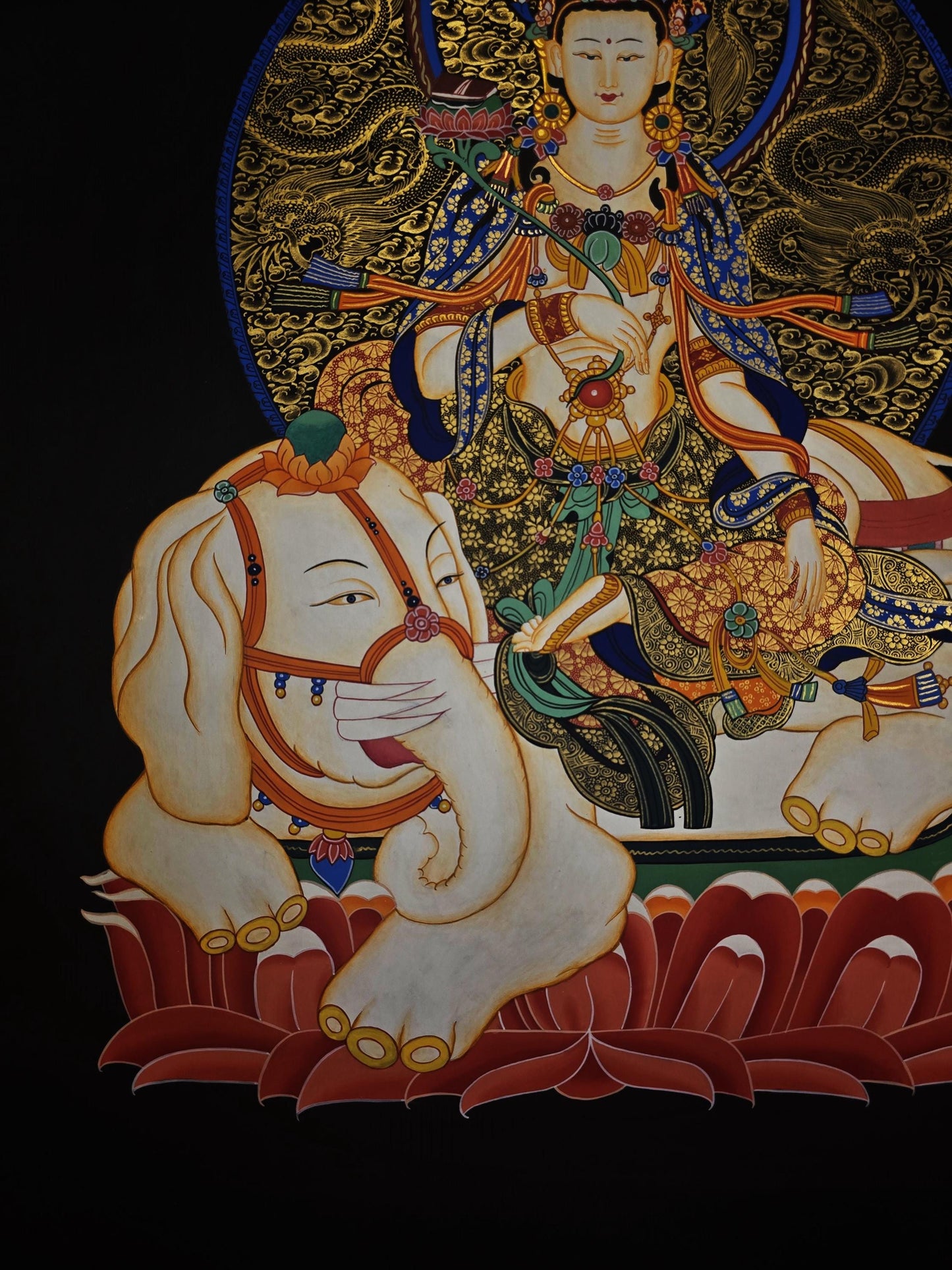 Hand-Painted Samantabhadra Thangka | Bodhisattva on White Elephant