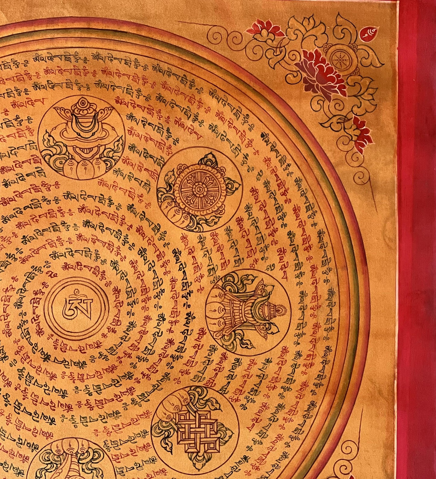 Hand-Painted Tibetan Mandala Thangka, Om Mani Padme Hum, Auspicious Symbols