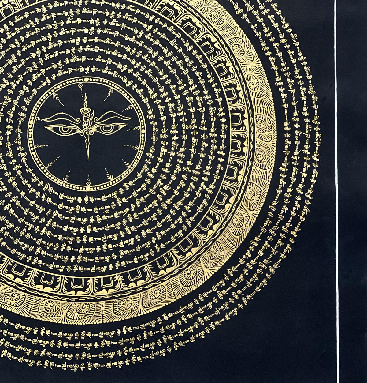 Hand-Painted Buddha Eye Mandala Thangka  Black and Gold Om Mani Padme Hum Art